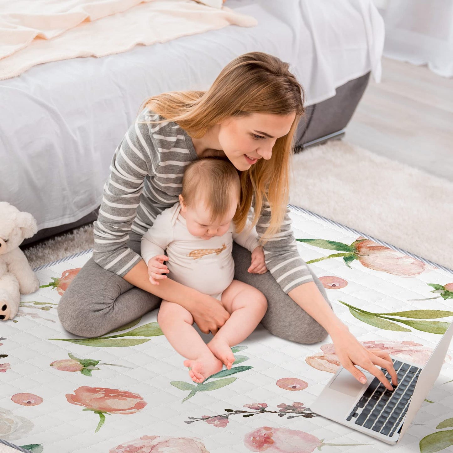 Funtery 43 x 43 Inch Boho Baby Play Mat Portable Crawling Washable Foldable Tummy Time Non Slip Baby Floor Large Playpen Mat for Infants Toddlers Floor Playpen Activity(Flower Theme)