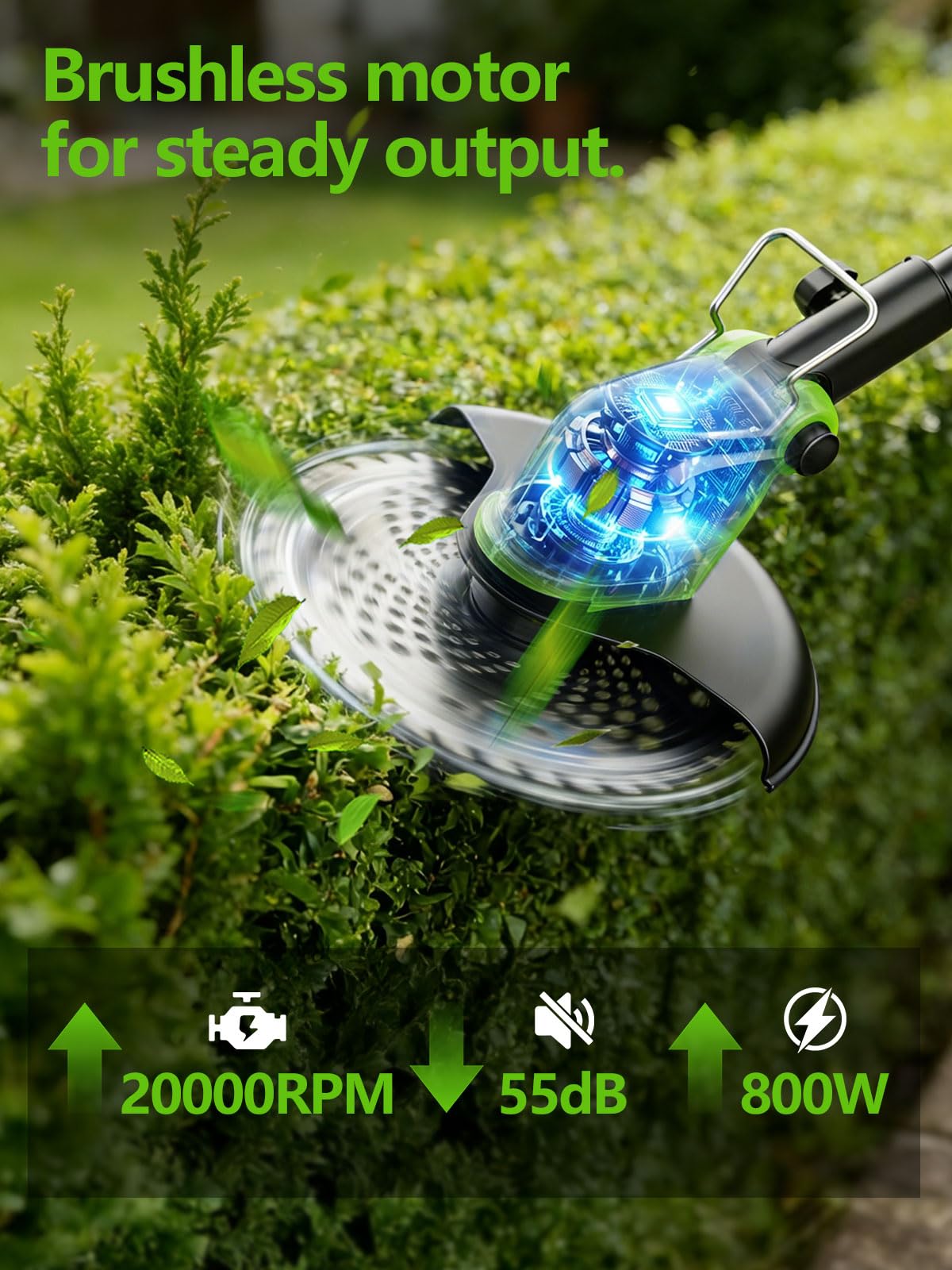 20,000RPM Cordless Electric Weed Wacker, 800W Brushless Weed Eater with Wheels, 12" 4-in-1 String Trimmer Lawn Edger Mini Lawn Mower Brush Cutter, Foldable, 21V, 2×4.0Ah Batteries Power Display