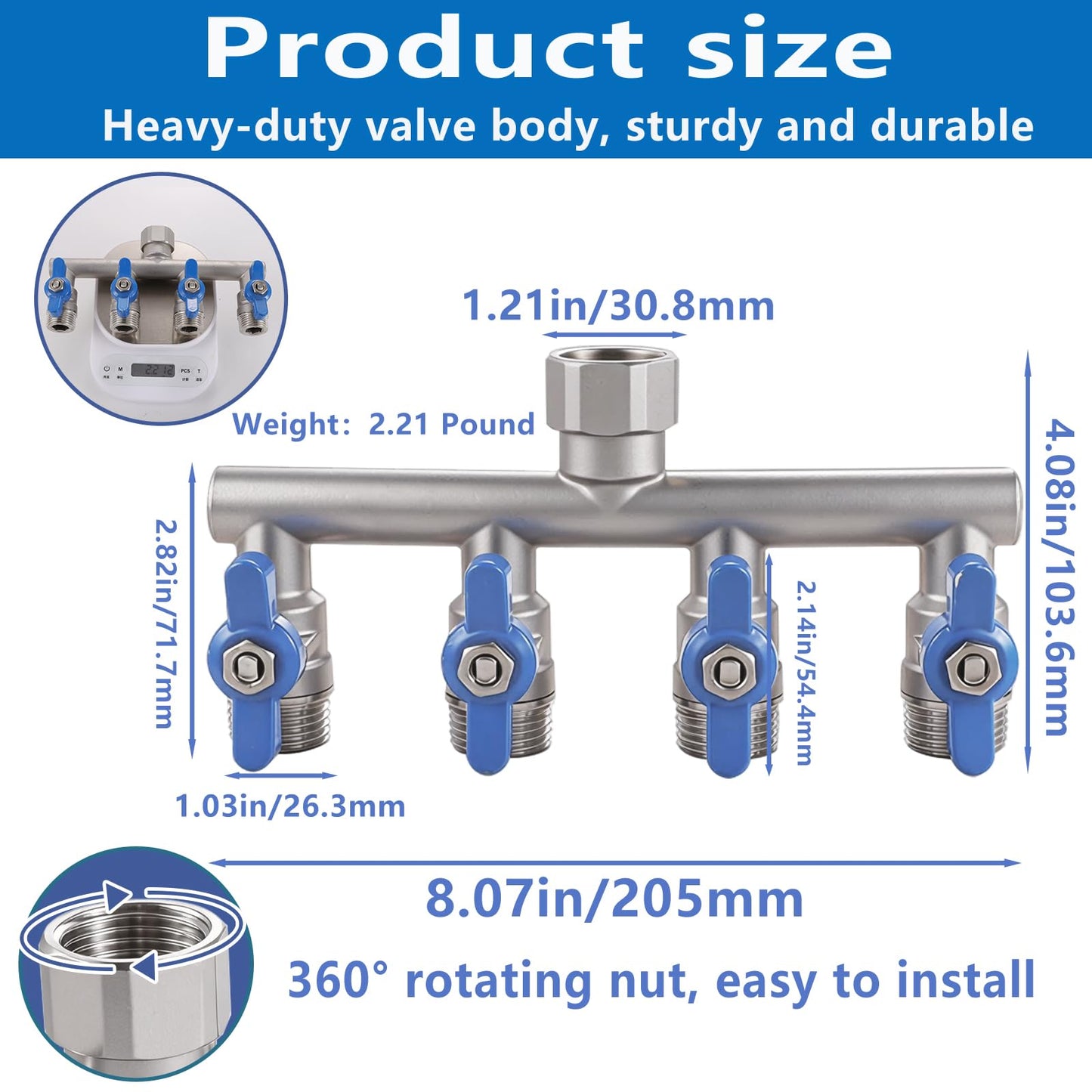 304 Stainless Steel Garden Hose Splitter 4 Way Heavy Duty, Full Flow T Valve Water Hose Splitter With 2.1" Extra Long Handle, Lead-free，3/4" GHT Thread Connector For Outdoor Spigot Faucet