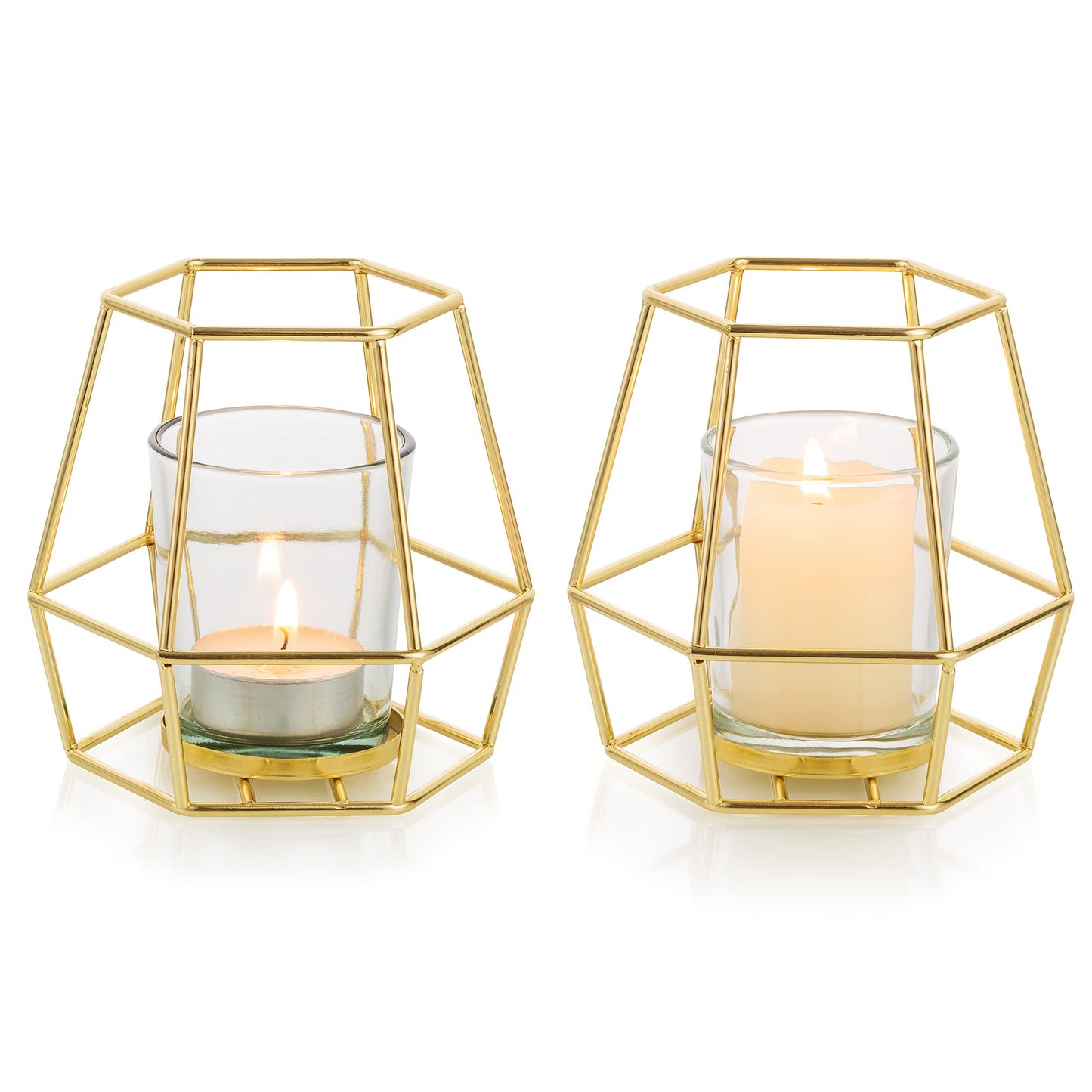 Nuptio Geometric Tealight Candle Holder Gold - Candle Holders for Pillar Candles Set of 2 Tea Light Candle Holders Set Metal Candle Stand Table Centerpiece for Wedding Party Cafe Bar Home Decor