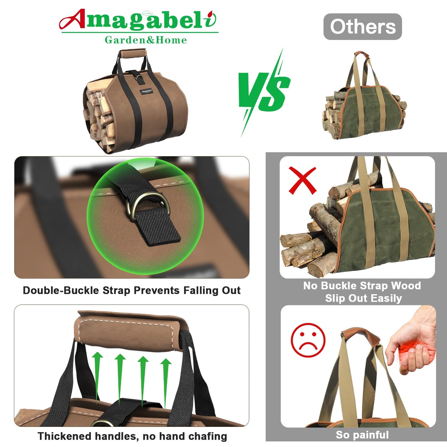 AMAGABELI GARDEN & HOME Firewood Carrier Waxed Canvas Firewood Bag Heavy Duty Large Fireplace Carrier Durable Log Tote Fire Wood Carring Bag with Handle Wood Sling Holder Cabin Stove Accessories Brown