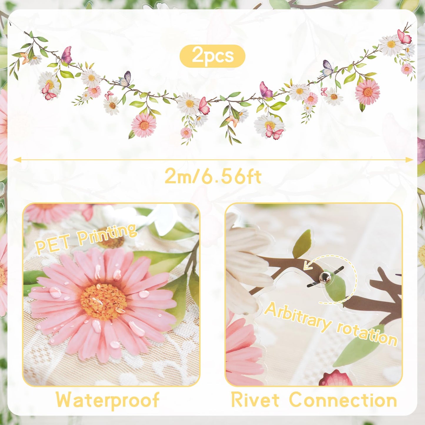 SUNBEAUTY 2Pcs Butterfly Daisy Garland Banner Reusable Waterproof Wildflower Garland 13ft for Enchanted Garden Woodland Birthday Baby Shower Bloom Tea Party Wedding Mother's Day Backdrop Decorations
