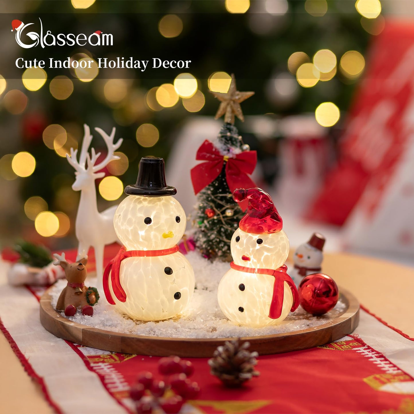 Glasseam Snowman Figurines Christmas Decorations: 2Pcs Cute Glass Light up Snowman Ornaments - LED Christmas Figurines Battery Operated Xmas Decor Gifts for Winter Holiday Home Table Window Fireplace
