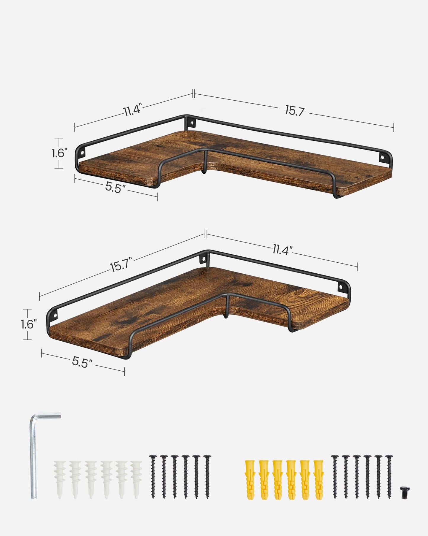 VASAGLE Corner Shelf Wall Mount Set of 2, Floating Shelves, Small Wall Shelf for Decor Storage, for Living Room Bedroom Kitchen Bathroom, Rustic Brown and Black ULLS831B01