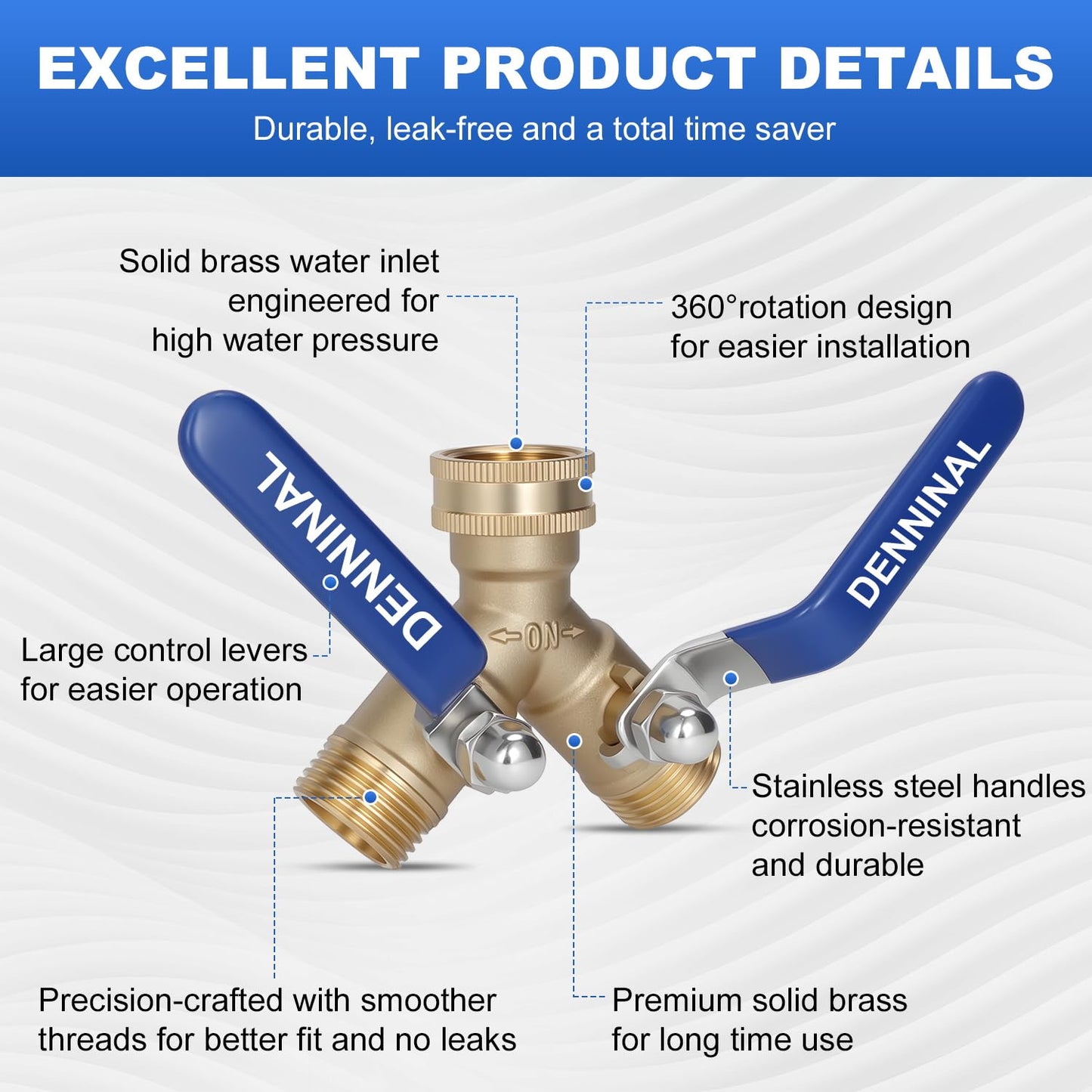 Denninal Brass Garden Hose Splitter 2 Way Heavy Duty with 304 Stainless Steel Long Handle, Outdoor Full Flow Hose Bib Splitter Connector, Y Valve 3/4 Inch GHT Thread