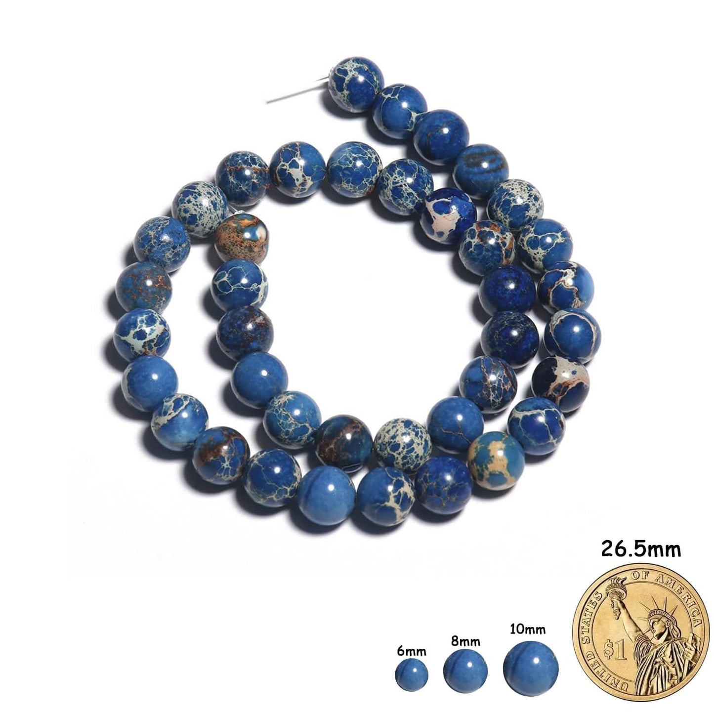 Yochus 60pcs Blue Sea Sediment Beads，6mm Healing Power Natural Stone Round Loose Beads for Jewelry Making Earring Necklace DIY Crafts