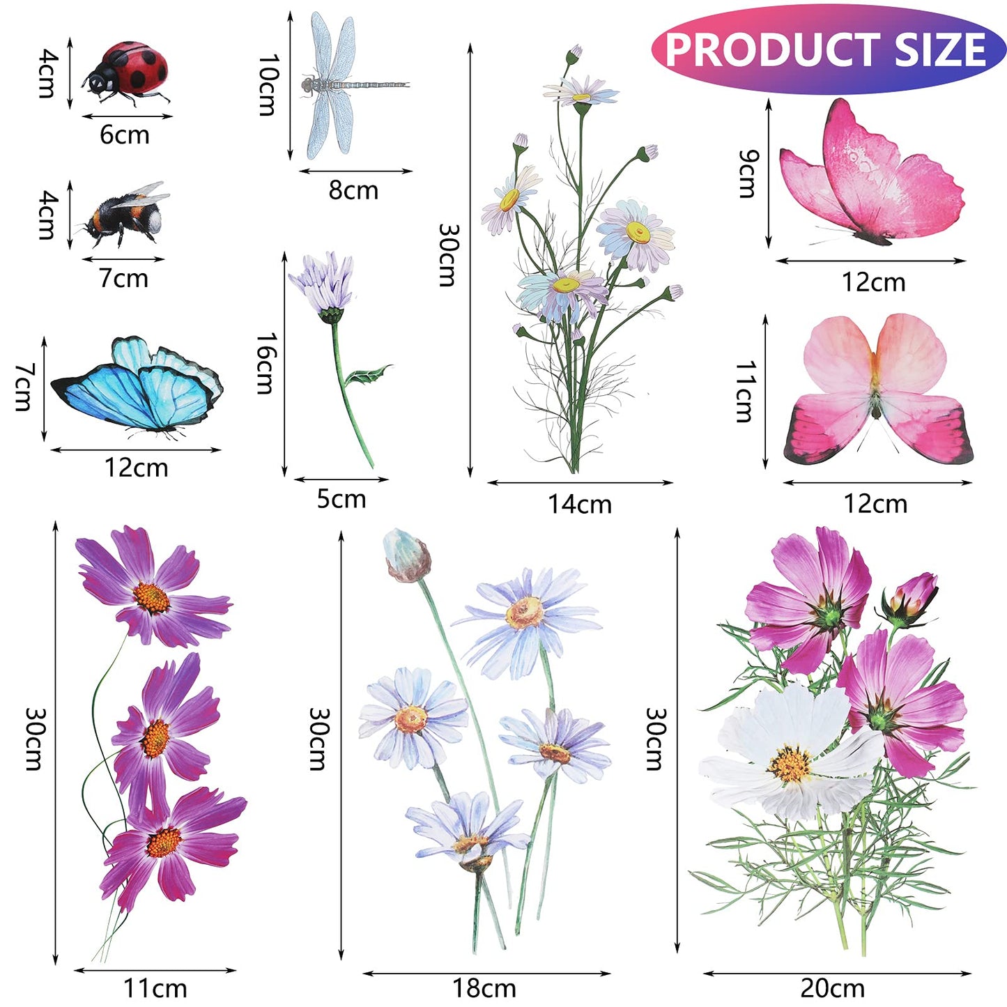 Zonon 64 Pcs Flowers and Butterflies Wall Decals, Wildflower Butterfly Dragonflies Decals for Wall, Removable PVC Garden Peel and Stick Walls Stickers Murals for Nursery Bedroom Office Decor(Red)