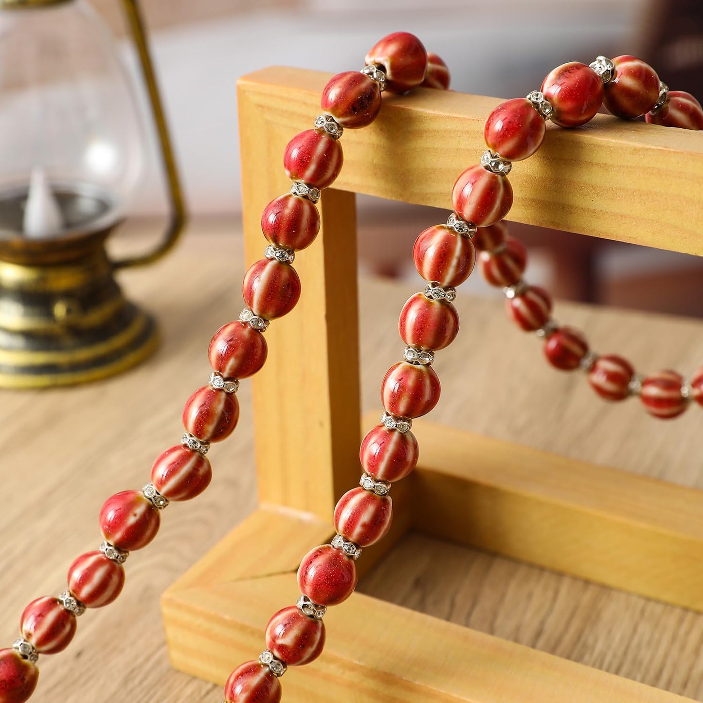 Handmade Bead Garland with Tassels - Farmhouse Rustic Prayer Bead String Wall Hanging Accent for Home Festival Decor.