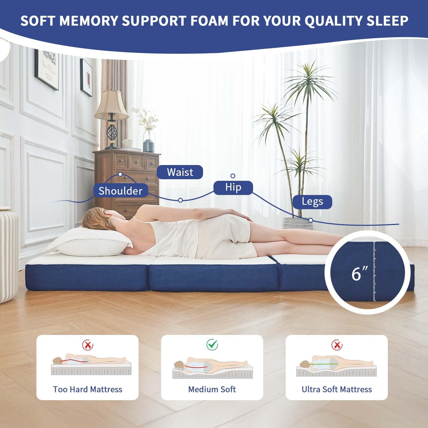Folding Mattress Twin, 6 Inch Memory Foam Tri-Fold Floor Bed and Futon , Twin Topper with Breathable & Washable Cover, Supportive Foldable Mattress for Guest Bed, Office Nap,Camping, (38" x 75" x 6")