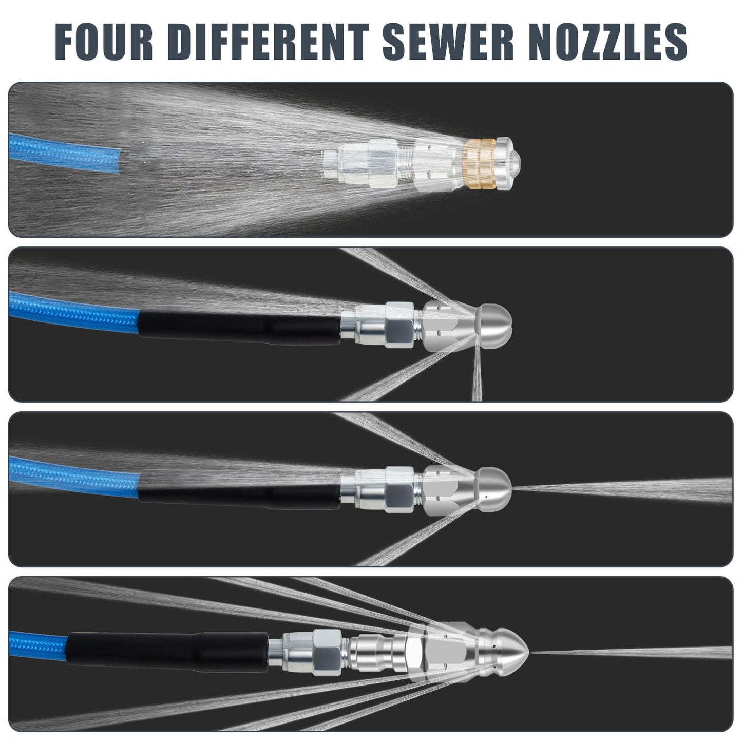 100 FT Sewer Jetter Kit for Pressure Washer, 5800PSI Water Jet Drain Cleaner Hose, 1/4 Inch NPT Corner with 4 Sewer Jetting Nozzles, Pearl Corsage Pin, Waterproof Tape, Handle Strap&2 Spanner (Blue)