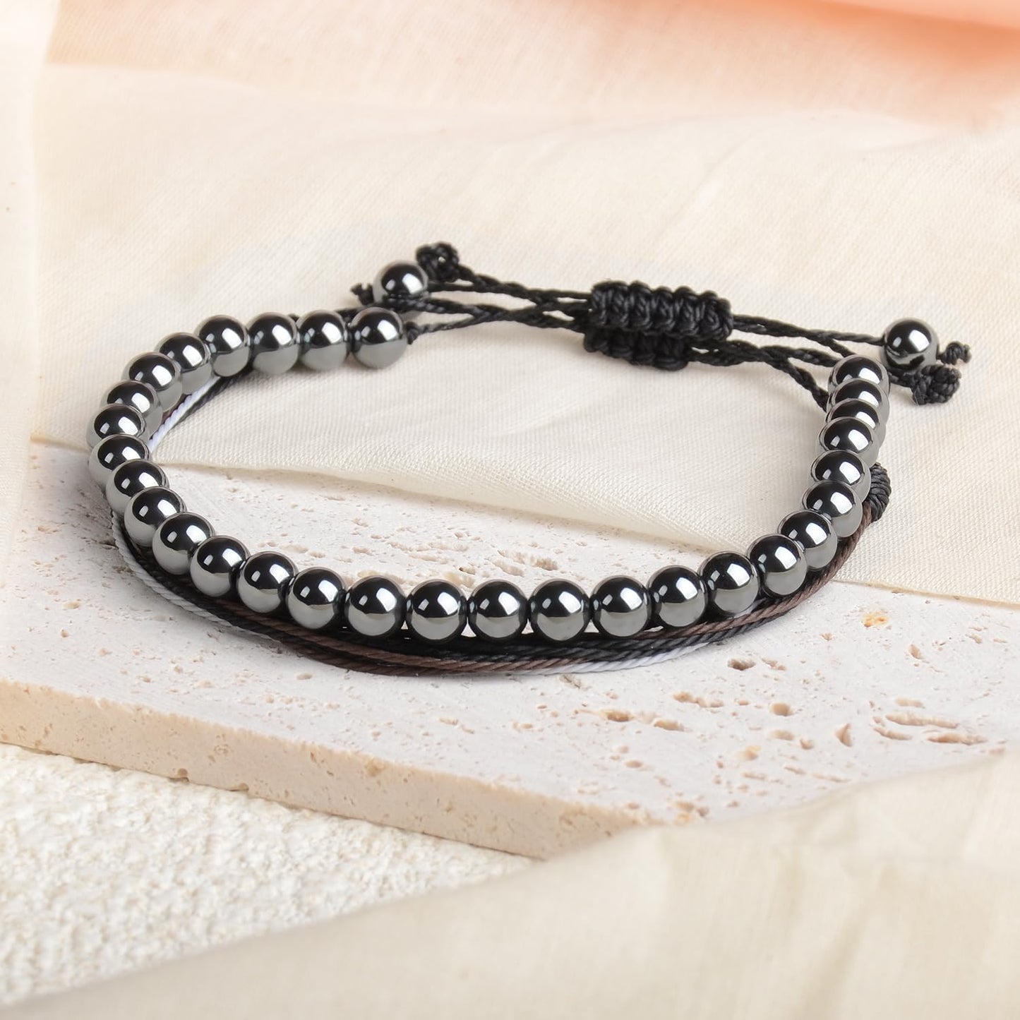LPBeads 6mm Hematite Bracelet with Handmade Rope Bracelet Size Adjustable Natural Stone Crystal Healing Bracelets Gifts for Unisex Adults