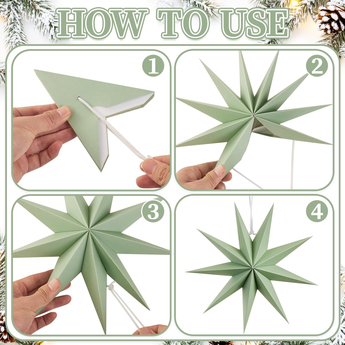 SUNBEAUTY Sage Green 9-Pointed 12 Inch Paper Star Lanterns Christmas Hanging Lamp Paper Decorations Shade Wedding Birthday Christmas Home Party Decorations