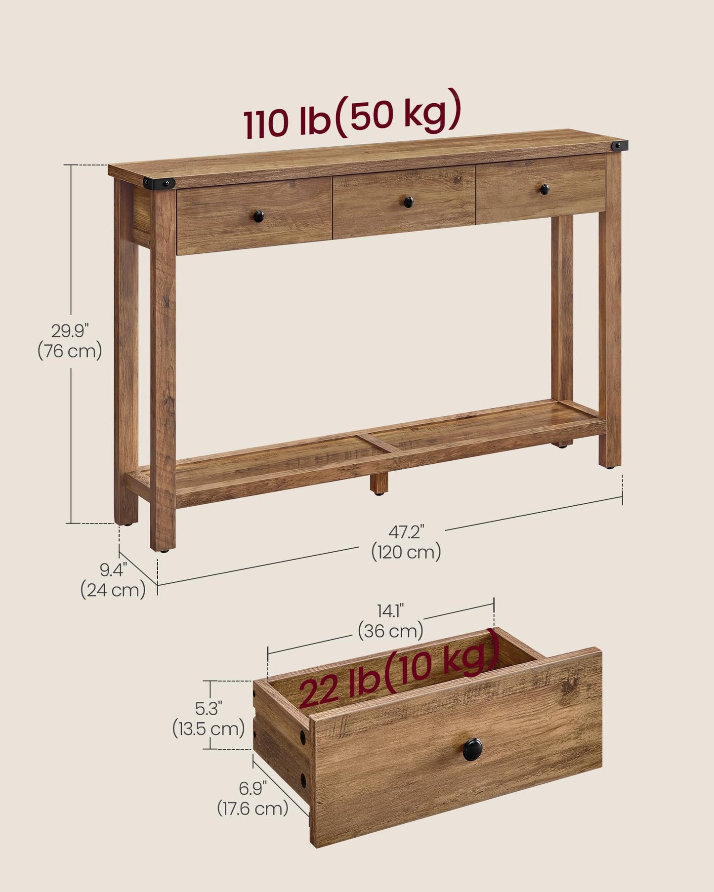 VASAGLE LIRY Collection - Console Table with 3 Drawers and Open Storage Shelf, Narrow Entryway Sofa Table for Living Room, Farmhouse Style, Metal Corners, Honey Brown ULNT142KB02S