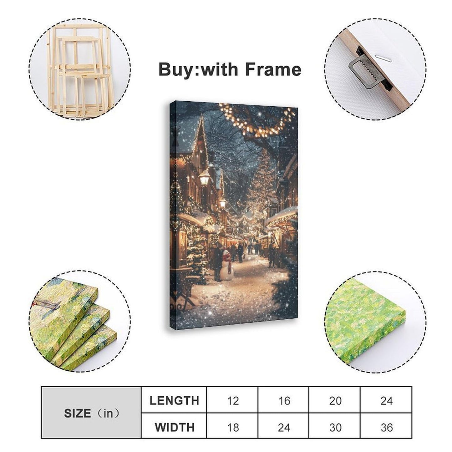 Festive Winter Town Wall Art – Snow Covered Village, Holiday Lights And People Poster Print for Teen Boys Room Wall Art Canvas Painting Print 12x18inch(30x45cm)