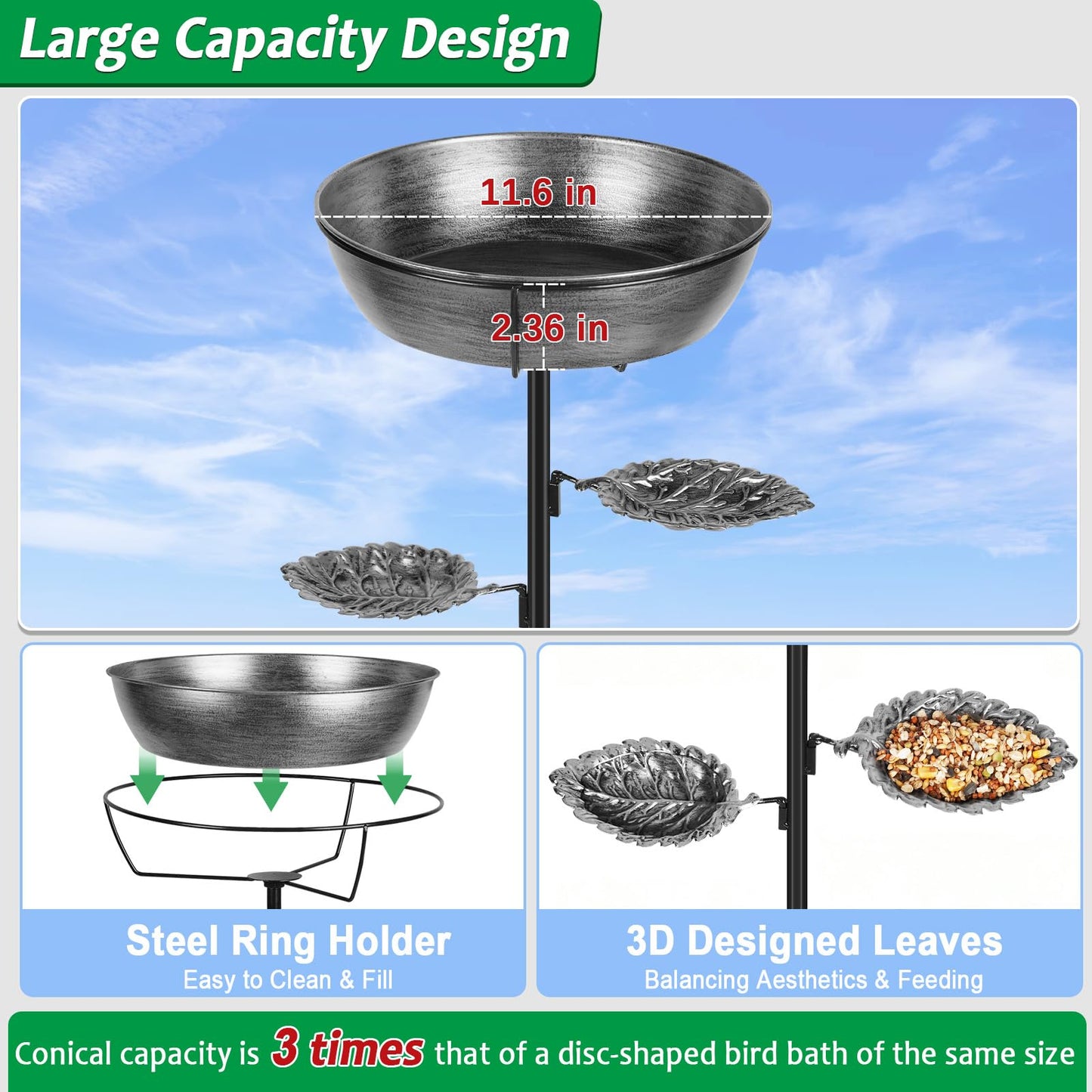 Olpchee Metal Bird Bath for Outdoor - Garden Bird Bath with Removable Bowl Heavy-Duty Base, Winter Birdbath Feeder Rust-Proof Birdbaths for Garden Yard Lawn Decor, Easy to Install(Grey)