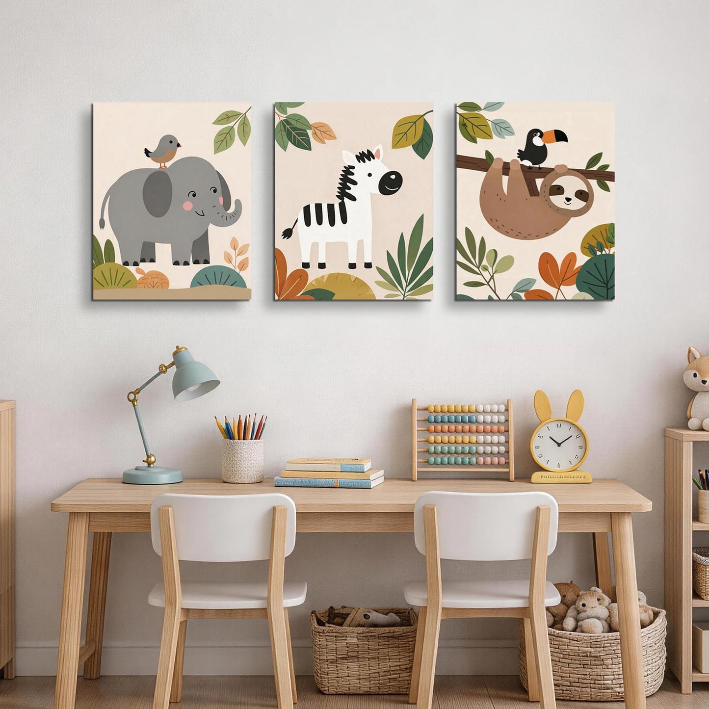 TYPTEK Nursery Wall Art Decor Set of 3,Boho Jungle Animals Whimsical & Educational Canvas Prints for Kids Room Playroom Baby Bedroom, Framed Ready to Hang,16x12 Inch