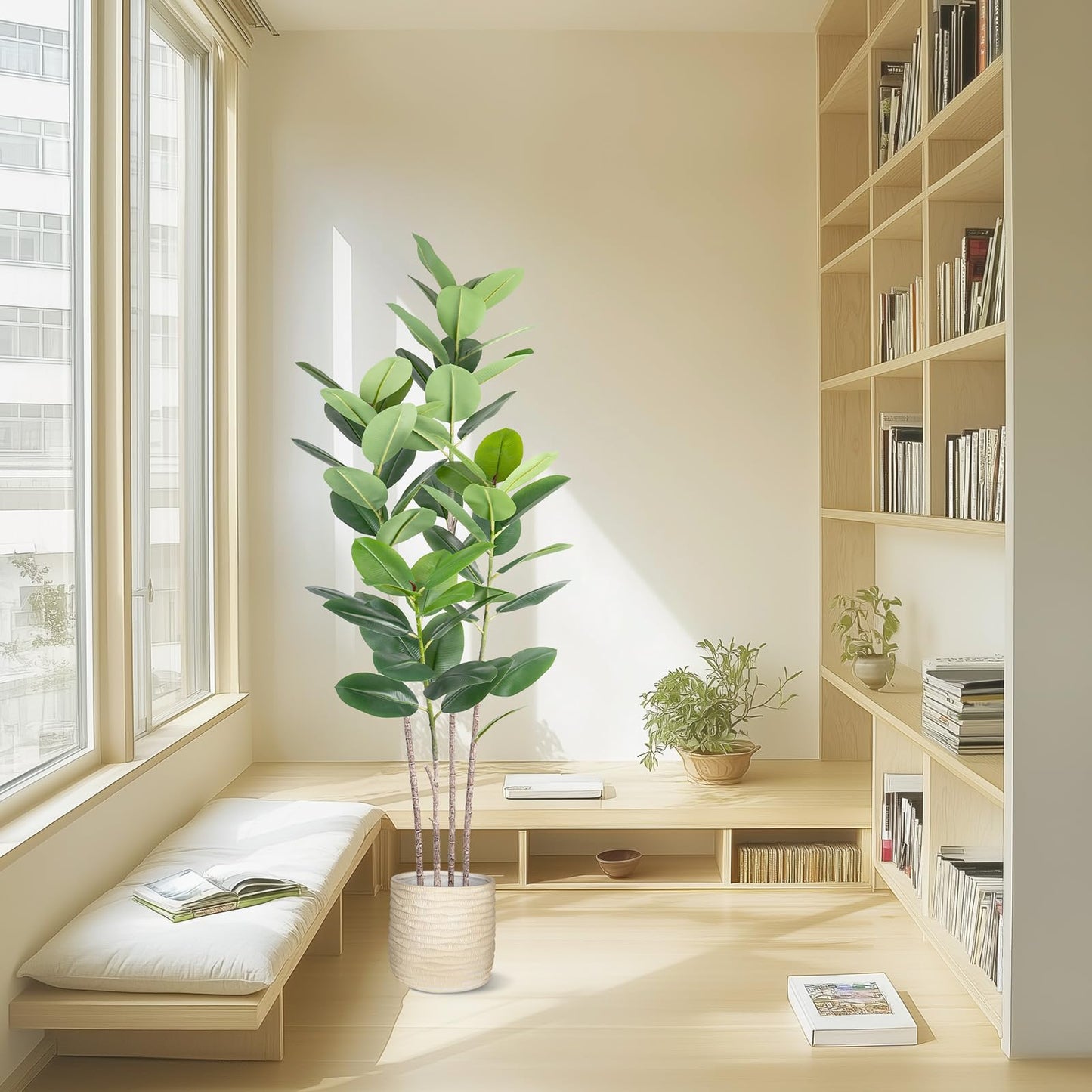 Artificial Rubber Tree 5FT Tall Faux Ficus Tree with Potted Fake Tropical Plant Decorative House Plants Large Floor Plants Artificial Trees for Home