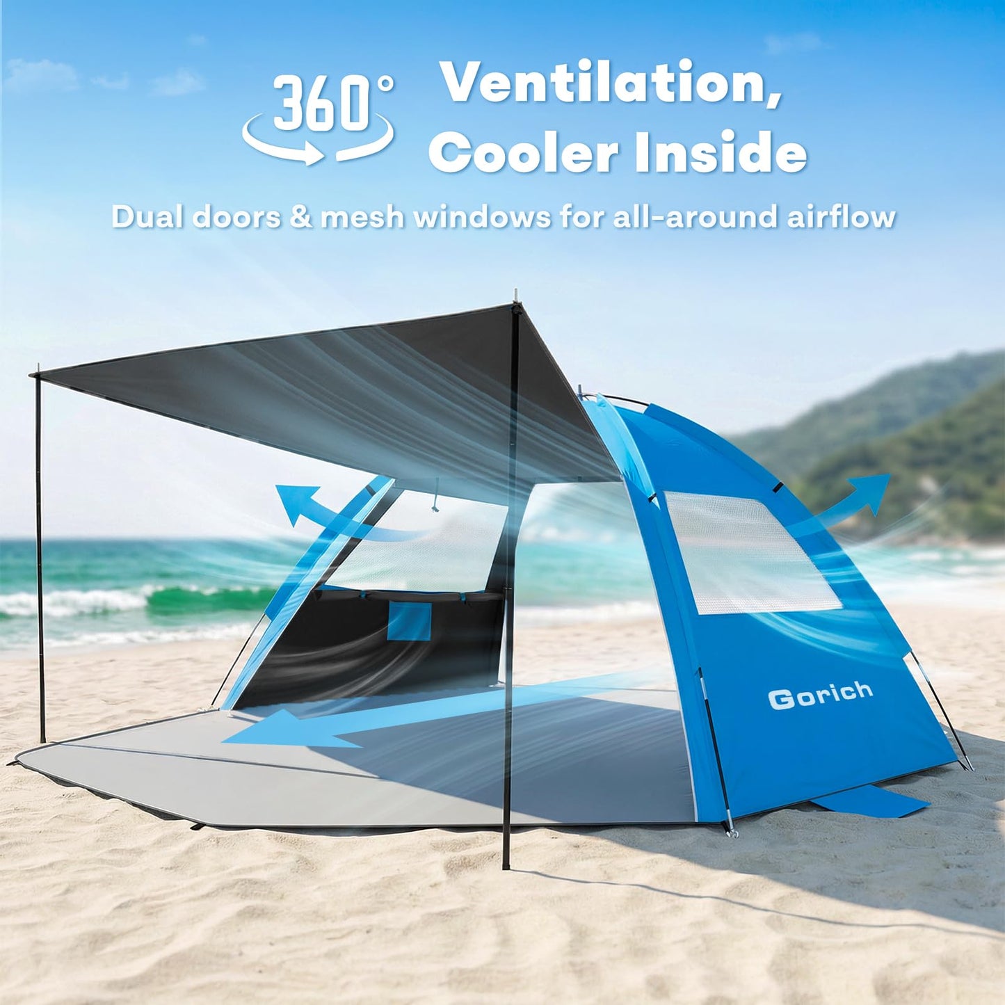Gorich Beach Tent Sun Shelter with Canopy, Easy Setup UPF50+ UV Protection Sun Shade for 3-4/5-6/7-8 Person, Lightweight & Compact Beach Umbrella for Family Travel