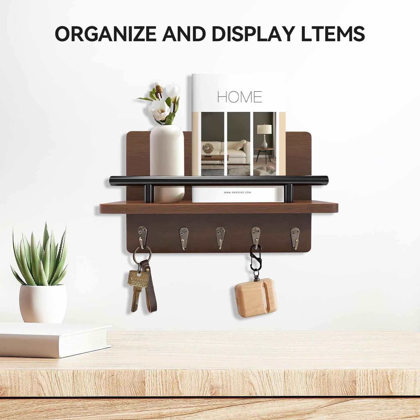 KISENG Key Holder Wall Mount, Decorative Key Rack with Shelf & 5 Sturdy Hooks, Rustic Key Hooks for Wall for Mail Organizer Hanging Dog Leash, Glasses, Wooden Key Hanger with Mounting Hardware