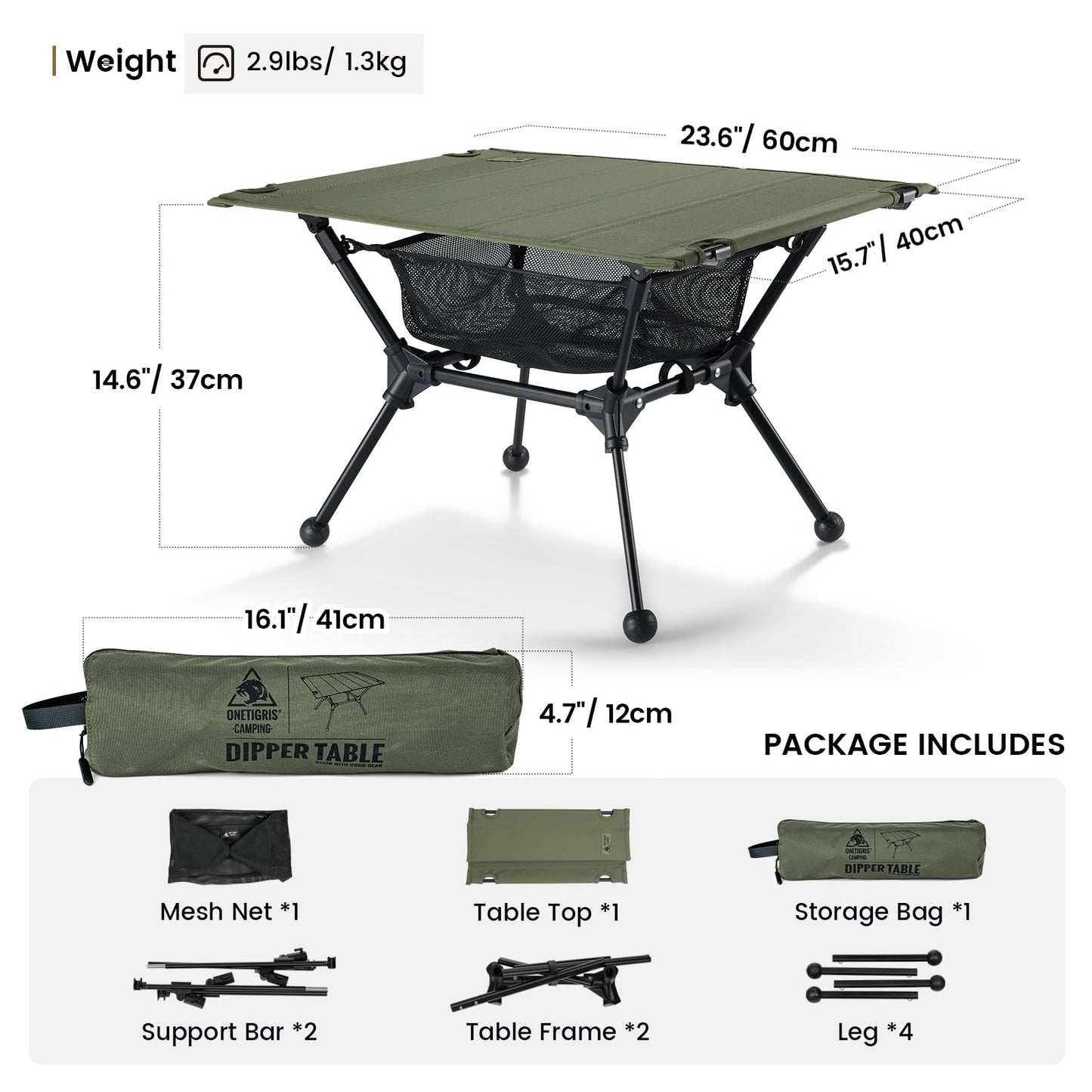 ONETIGRIS Dipper Camping Table, Lightweight Portable Folding Table with Mesh Storage Net, High/Low Options, Ideal for Camping, Hiking, Tailgating, Beach, Picnic, Travel, Backyard
