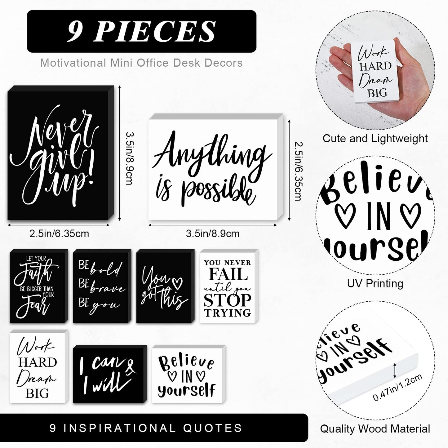 Yulejo 9 Pcs Mini Inspirational Wooden Signs Office Desk Decor Positive Motivational Quotes Table Sign Employee Appreciation Gift Bathroom Home Decors Cheer Up(black, White, 3.5 x 2.5 x 0.47 Inch)