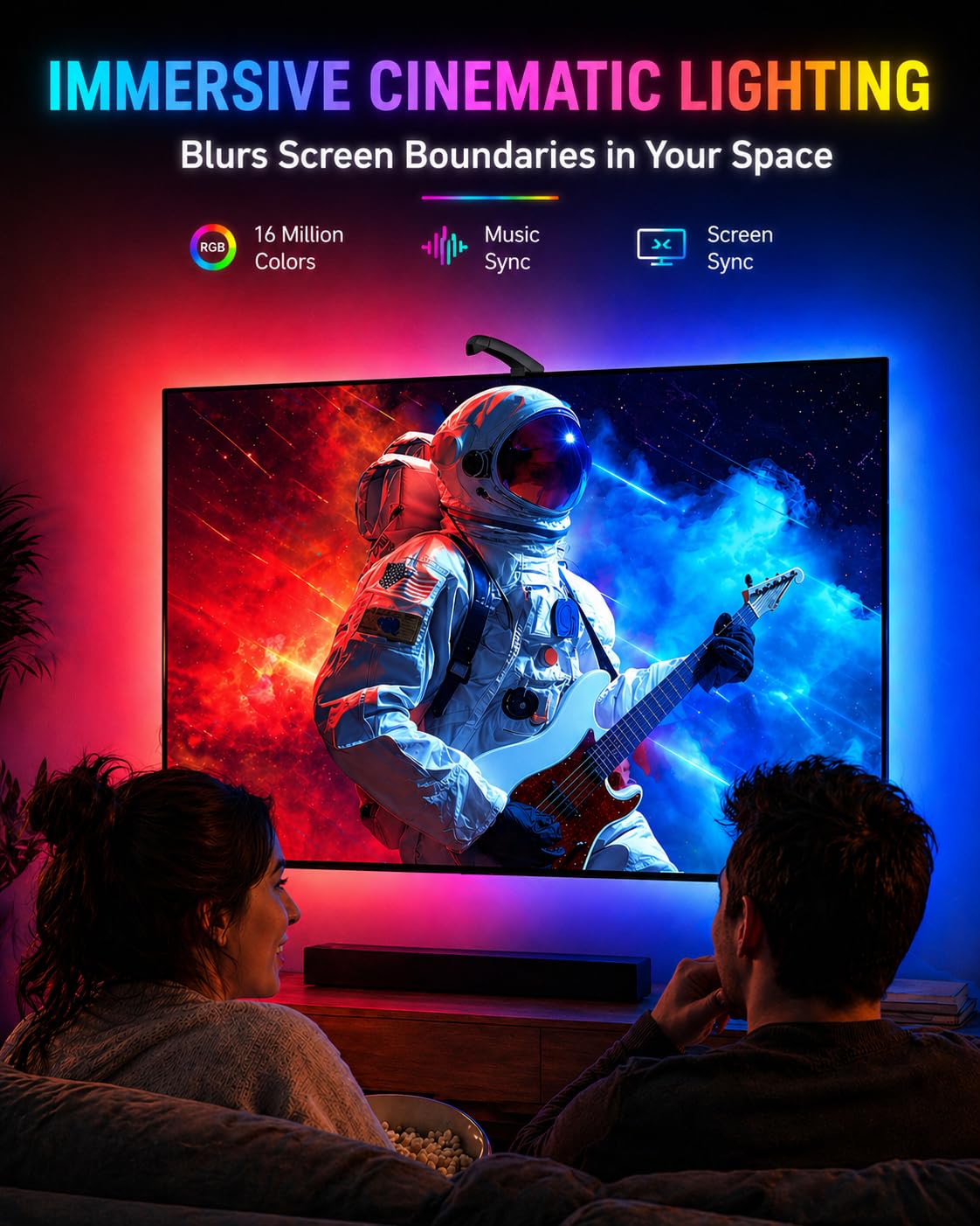 QTU TV LED Backlight with Sensor, LED Sync Lights for TV 55-65 Inch, Smart Camera Sync to Screen, Ambient RGB Strip Lights for Gaming & Home Theater, App Control (14.7ft)