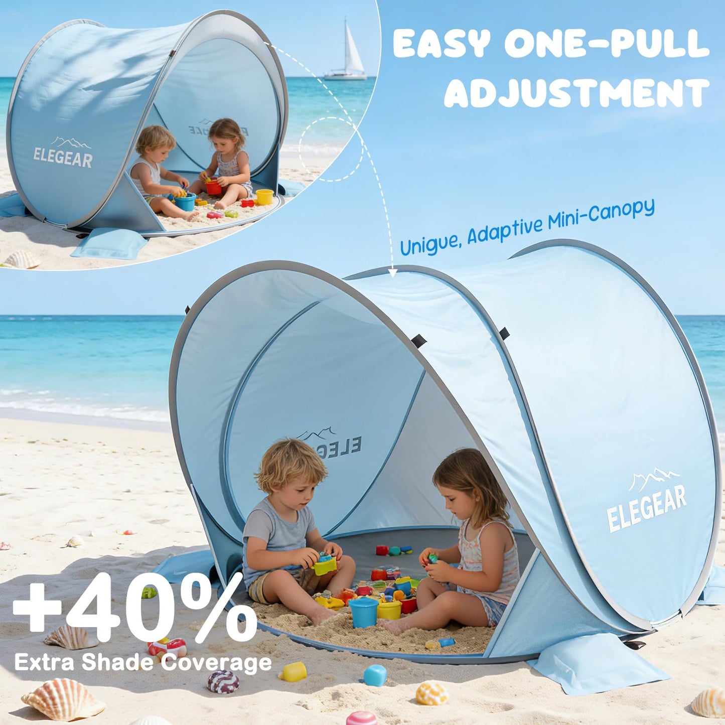Elegear Pop Up Baby Beach Tent with Mini Canopy, CumbreX™ UPF 50+ UV Protection Baby Tent Sun Shelter, 1S Setup Portable Baby Beach Essentials Shade for Infant Toddler Outdoor Indoor Play - Blue
