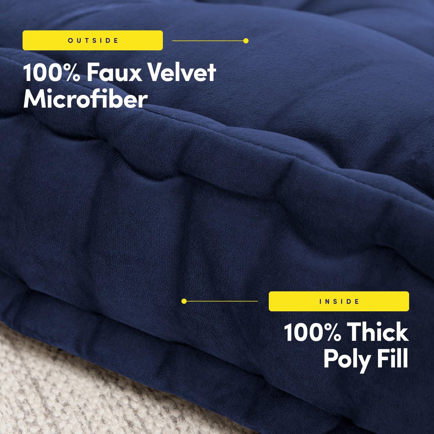 Floor Pillow Large Square Tufted Decorative Cushion 20" x 20" Faux Velvet Fabric Ultra Thick Fill for Kids and Adults, 1 Pack, Navy