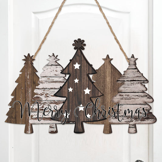 Soaoo Rustic Christmas Door Sign Decor Neutral Wooden Farmhouse Christmas Tree Hanging Sign Nature Vintage Xmas Front Door Decor Wood Welcome Hanger for Home Wall Indoor Outdoor Decoration