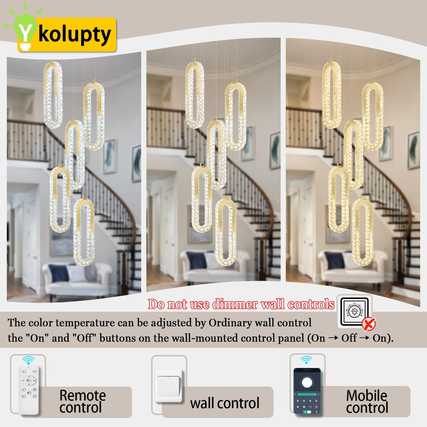 ykolupty 5-Lights Modern Crystal Chandelier for High Ceiling LED Dimmable Ring Pendant Chandeliers Stairwell Chandelier Lighting Gold
