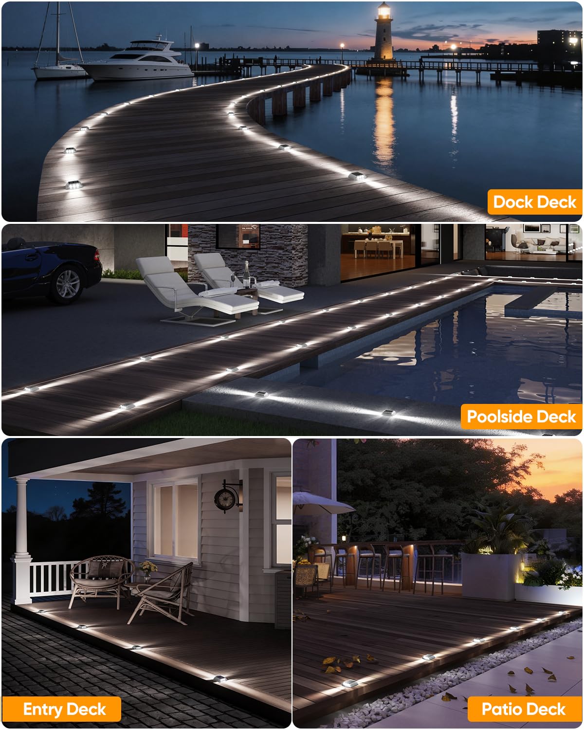 DetarZinLED Deck Lights Solar Powered, 4 Pack White Solar Pathway Driveway Light Outdoor IP68 Waterproof, Stick on & Screw Markers Deck Lights for Dock, Walkway, Sidewalk, Patio, Pool, Garden, Step