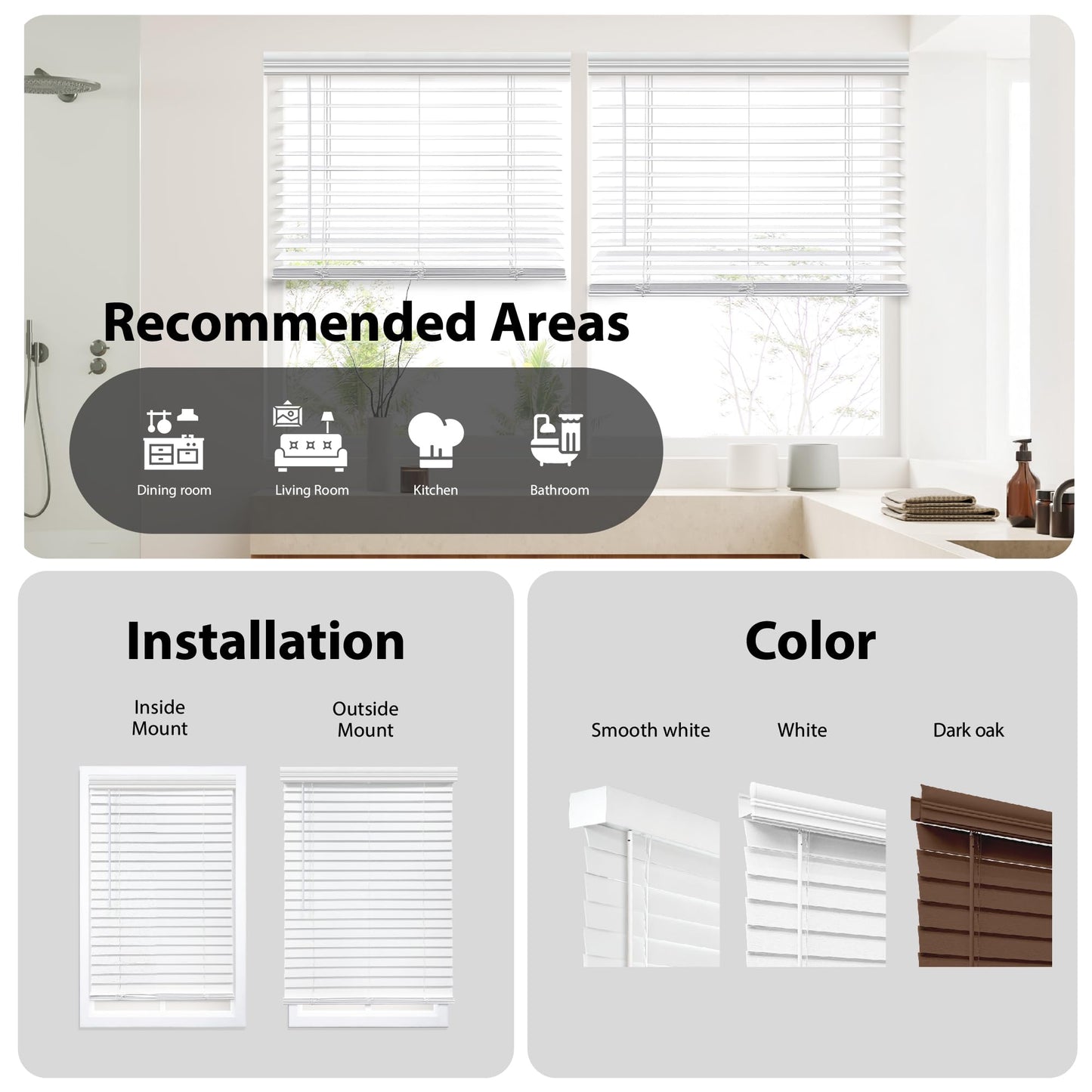 DEZ FURNISHINGS Cordless 2" Faux Wood Blind, 46.5" W x 48" H, White