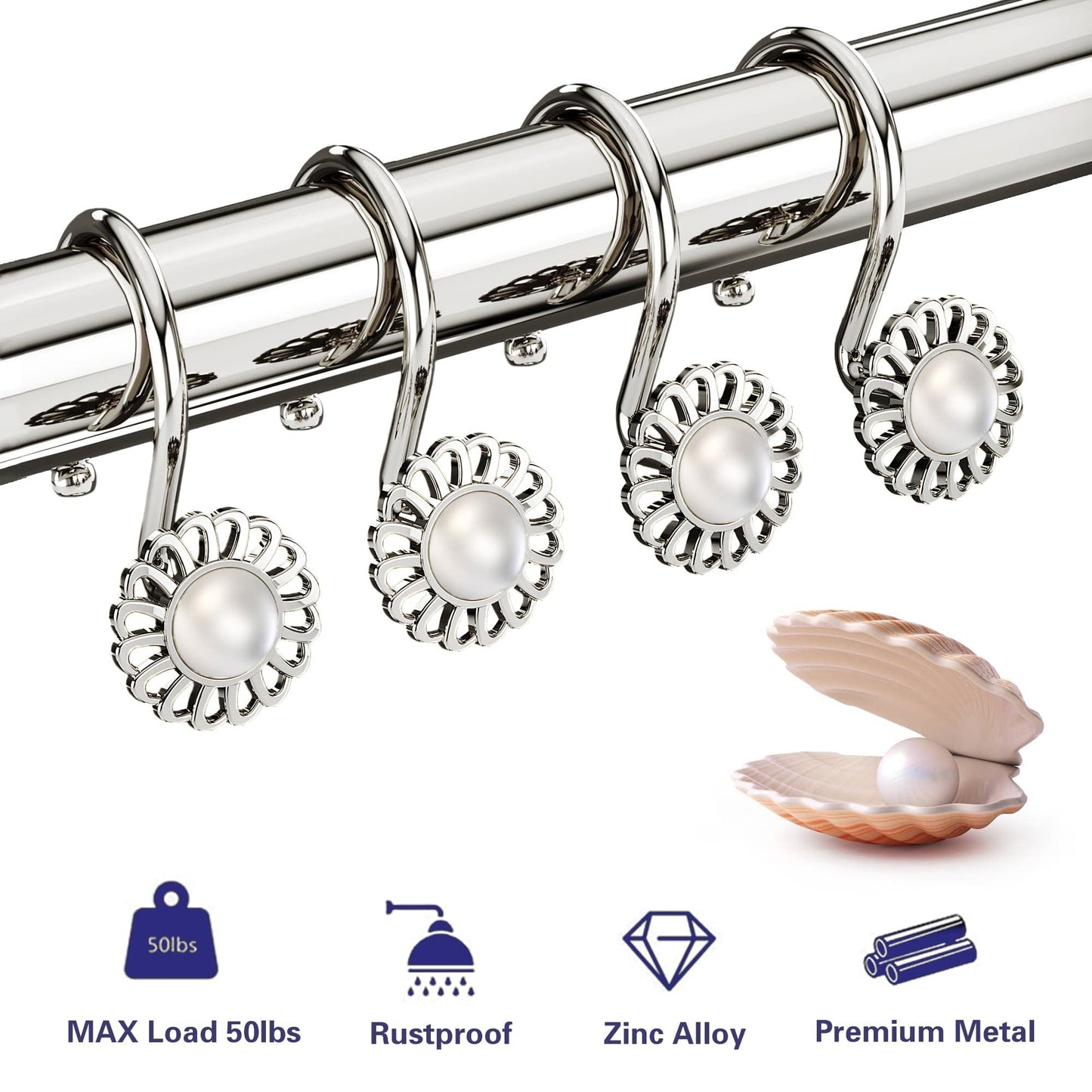 iToplin Nickel Shower Curtain Hooks Rings, Decorative Shower Curtain Hangers, Heavy Duty Metal Shower Rings, Sunflower Shower Hooks for Shower Curtain Rod and Liner, Bathroom Curtain Hooks, Set of 12