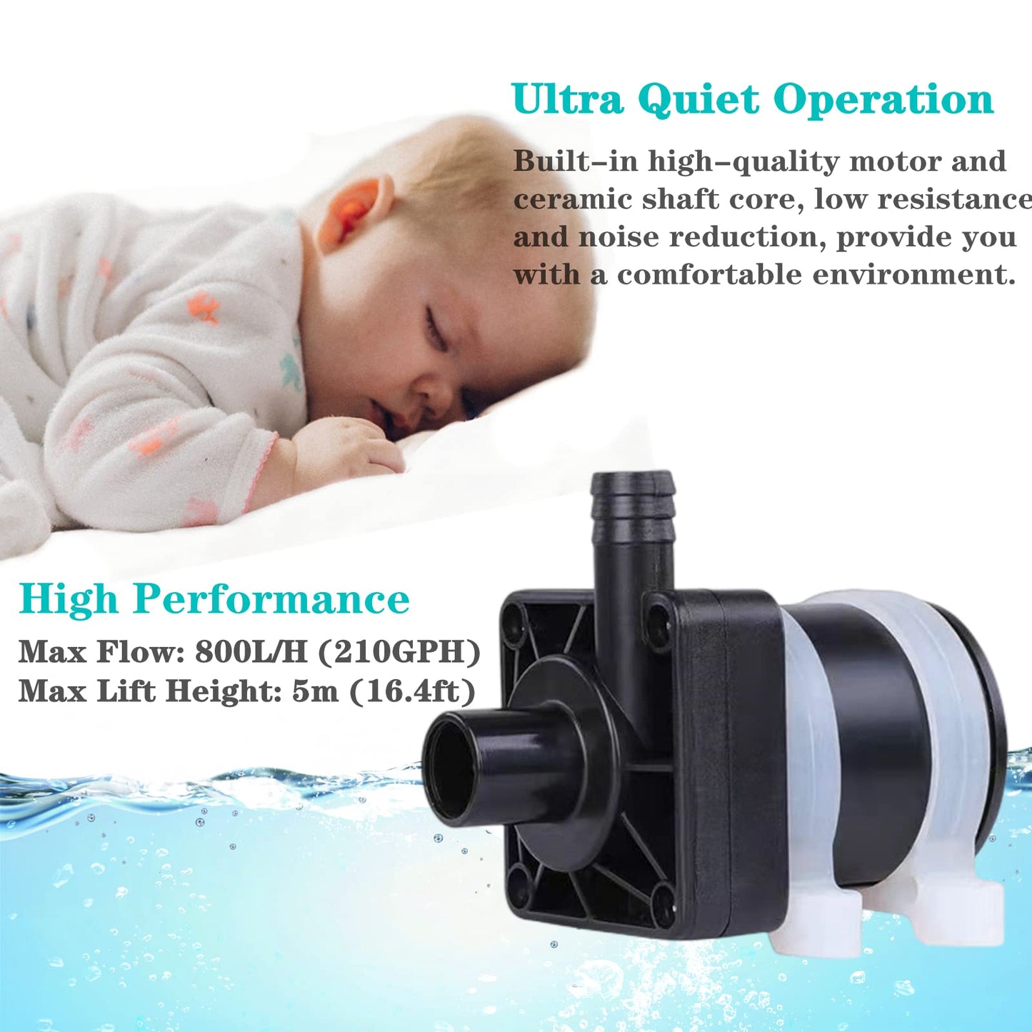 DC 12V submersible pump 210GPH 18W durable fountain water pump, head 5M with filter, suitable for pond fountain, hydroponics, aquarium fish tank, solar water circulation system