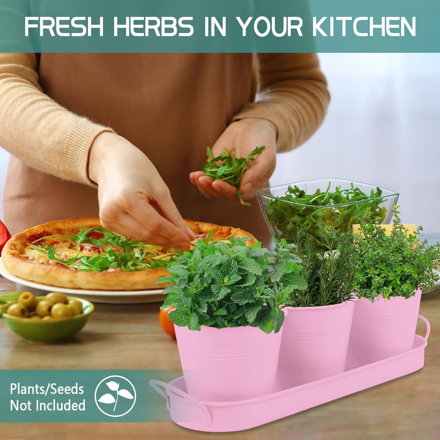 Linzenter Indoor Herb Garden Set of 3 with Tray and 3 Types of Gardening Tools, Metal Plant Pots Herb Garden Planter Kit with Drainage for Plants (Pink)