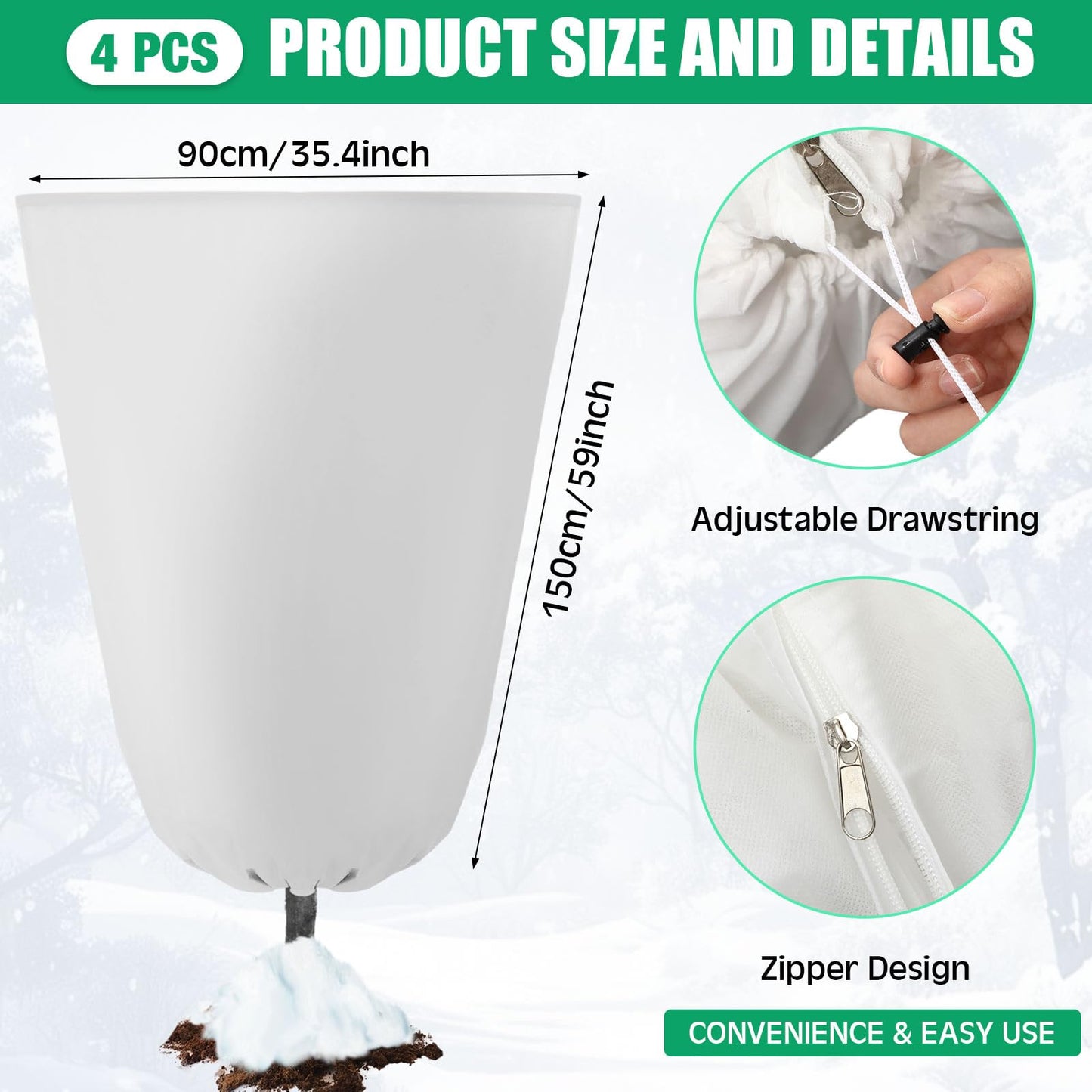 Vincreem 4 Pcs Plant Covers Freeze Protection 35.4" x 59" Winter Frost Blankets for Outdoor Plants with Zipper Drawstring Frost Cloth Freeze Covers Warm Shrub Jacket for Fruit Tree Potted(White)