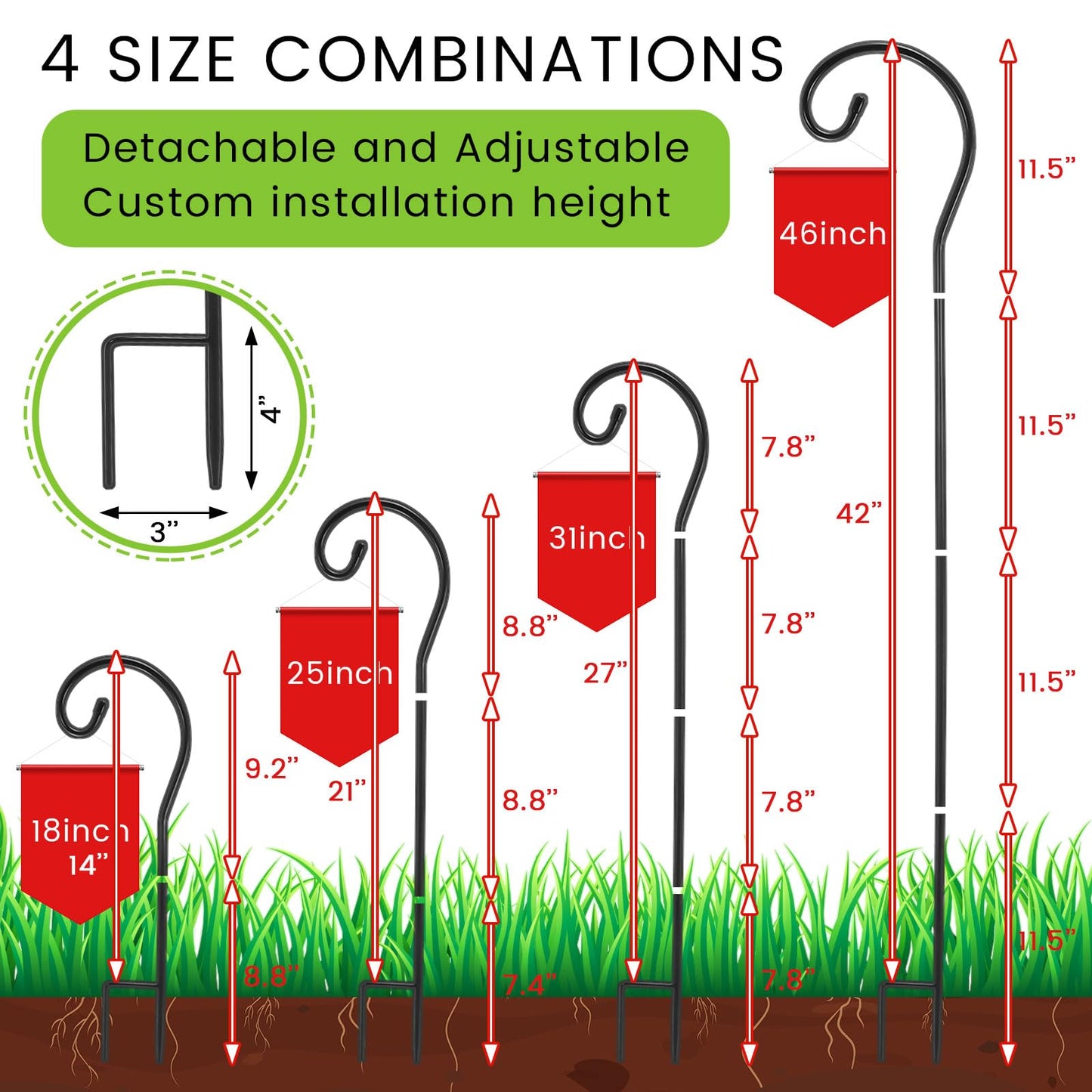 Hicarer 24 Pcs 18/25/31/46'' Adjustable Shepherds Hook Combination Outdoor Detachable Garden Metal Hook Stand for Hanging Bird Feeder Plant Mason Jars String Light Wind Chimes Wedding Decor