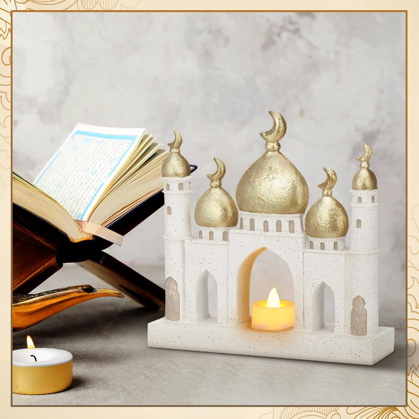 Bucherry 3 Pcs Eid Mubarak Decorations Gold and White Decorative Mosque Tower Ornaments for Home Display Islamic Gift Eid Mubarak Ramadan Table Decor for Muslim Party