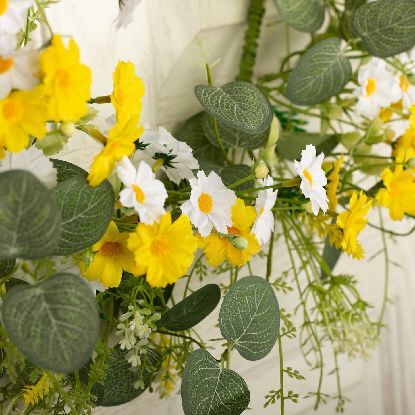 YUGALI 22" Spring Summer Wreath for Front Door Artificial Green Eucalyptus Yellow White Daisy Flower Lavender Sage Handmade Farmhouse Outdoor Indoor Wedding Home Decor