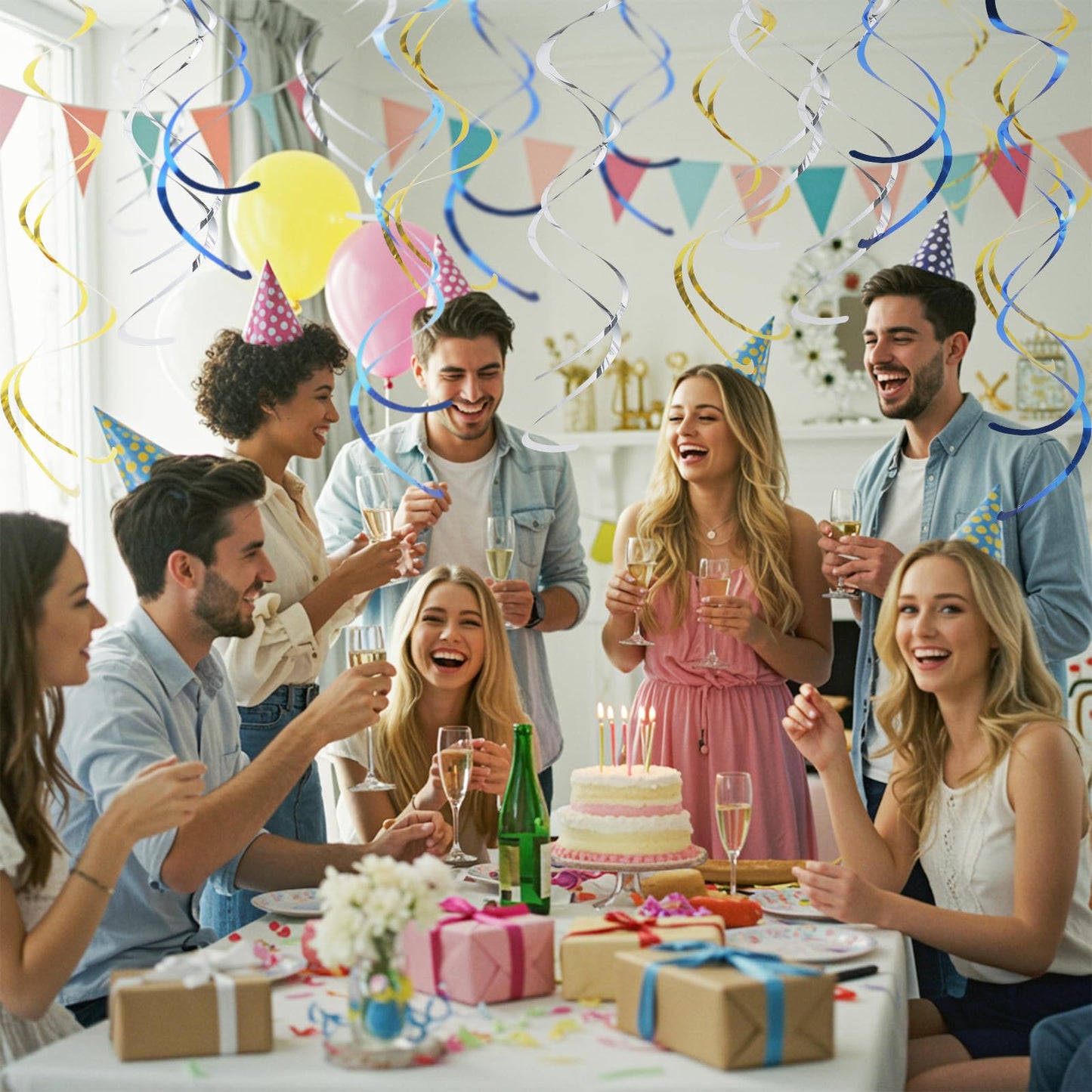 36Pcs Hanging Swirl Party Decorations Foil Decorations Ceiling Swirl Spiral Hanging Plastic Streamer for Ceiling Birthday Graduation Wedding Celebration Baby Shower Party Supply (Blue Gold Silver)