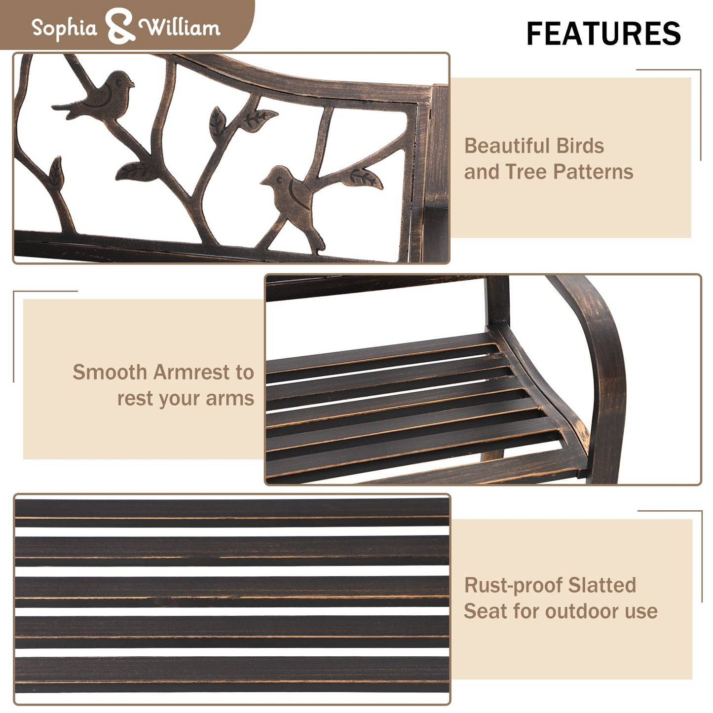Sophia & William Outdoor Bench, Porch Bench, Garden Bench, Wrought Iron Bench with Backrest and Armrests, Bronze
