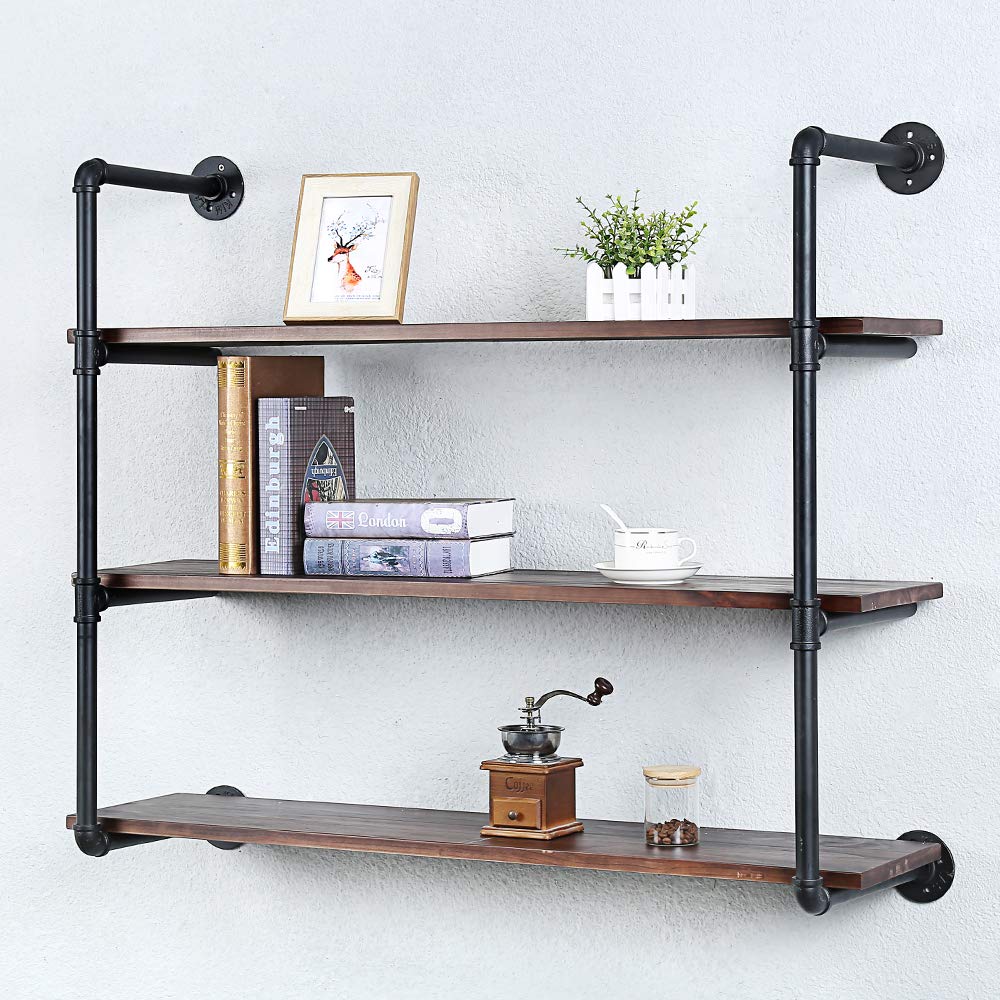 Industrial Pipe Shelving Wall Mounted,42in Rustic Metal Floating Shelves,Steampunk Real Wood Book Shelves,Wall Shelf Unit Bookshelf Hanging Wall Shelves,Farmhouse Kitchen Bar Shelving(3 Tier)