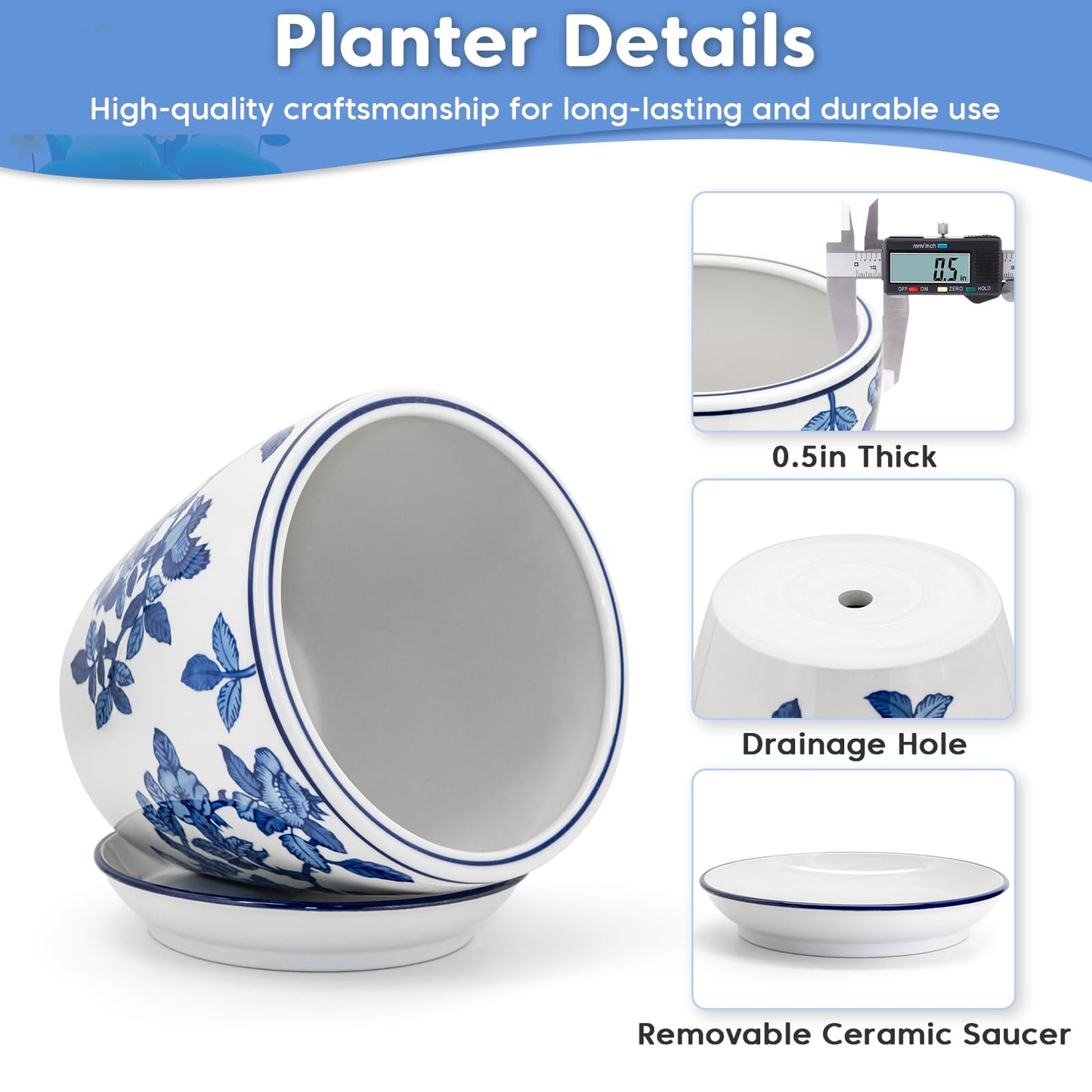 HakkaGirl 8 inch Ceramic Flower Pots, Chinoiserie Decor Ceramic Planter Plant Pots for Indoor Plants with Drainage and Saucer, Blue and White