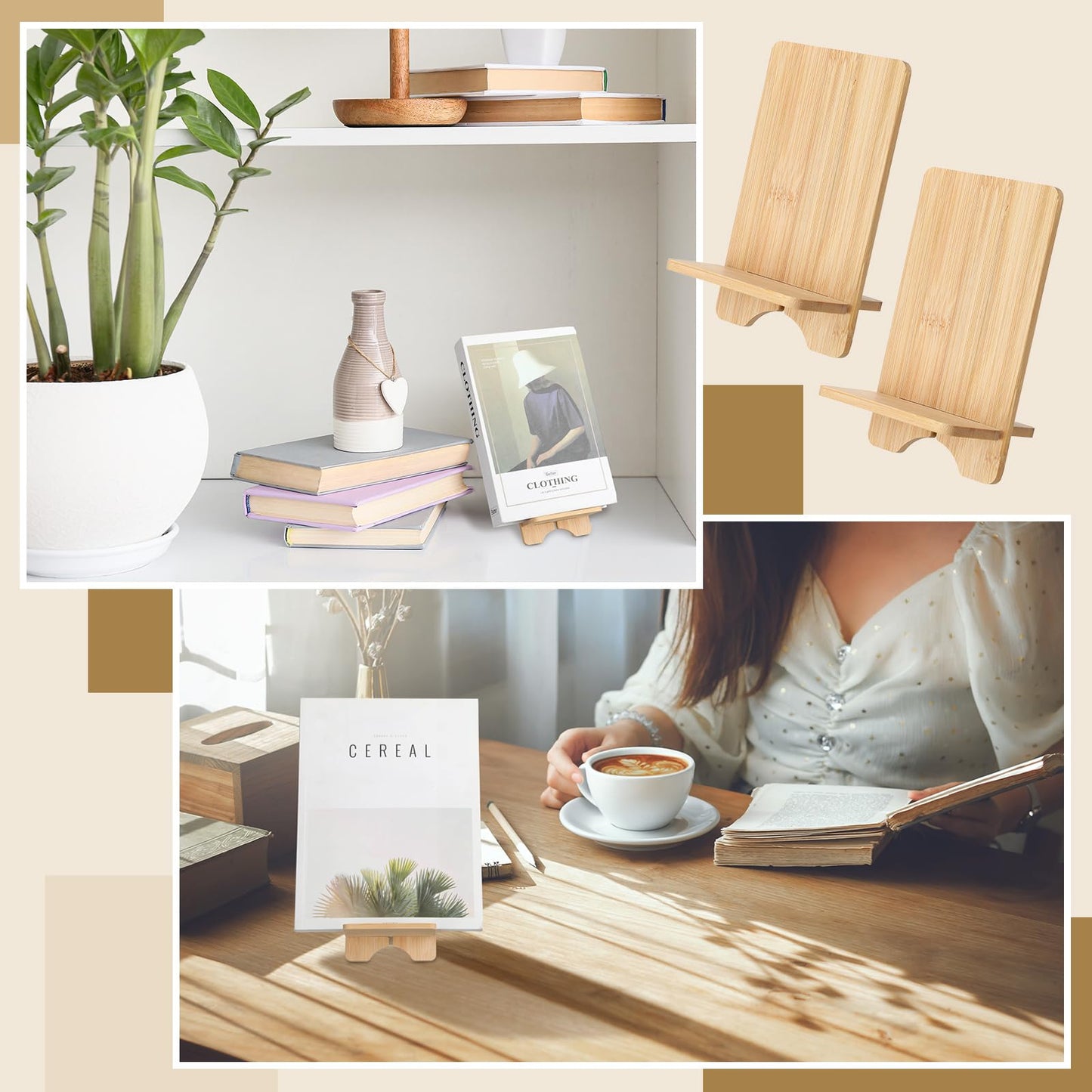 Memorywuu 4 Pcs Bamboo Book Stand for Display Book Holder Easel Stand Collector Display Back to School Gift for Home Office Album Cd Magazine Comic Postcard Picture Artworks