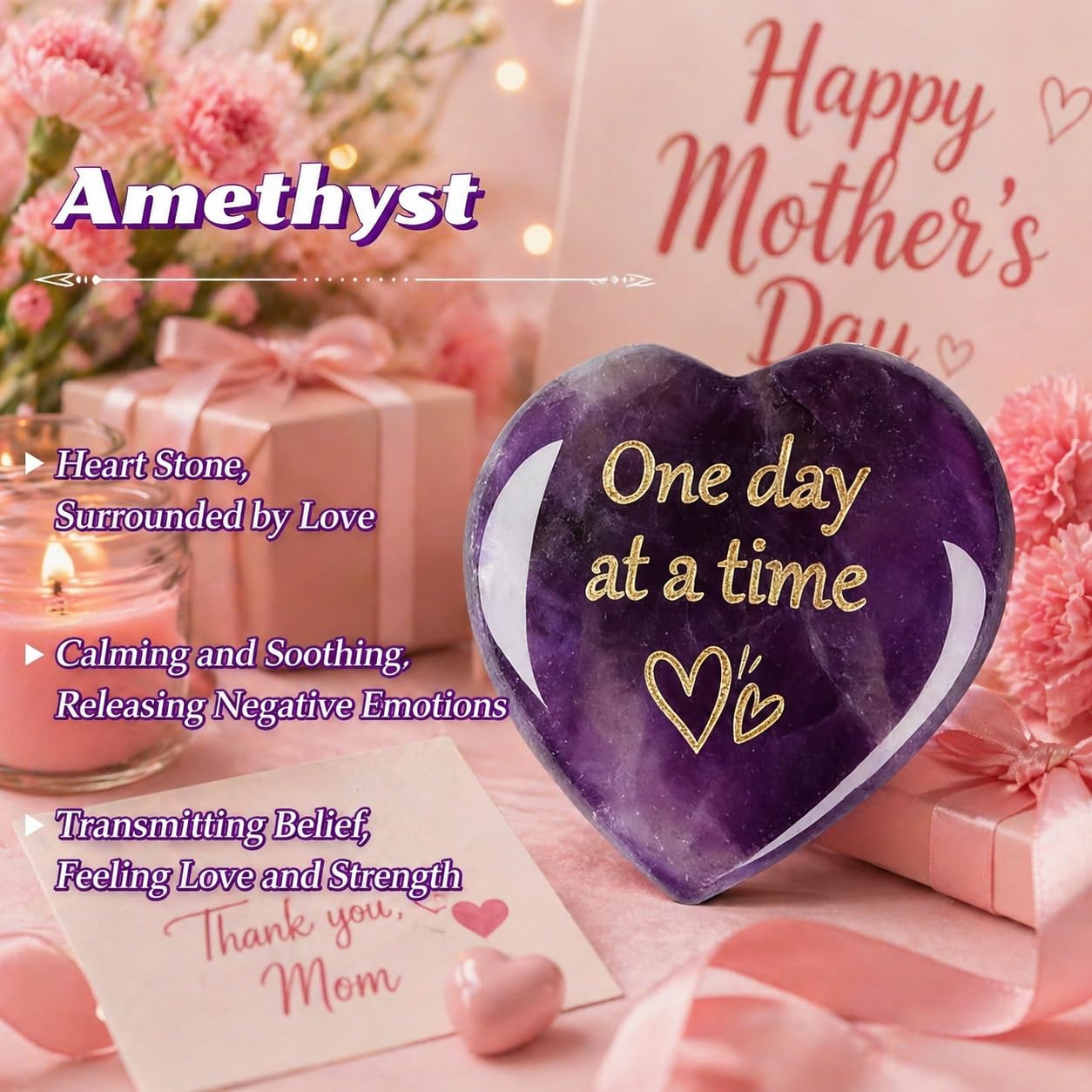 QINJIEJIE Amethyst Crystal Heart Stones One Day at A Time Thinking of You Gifts for Anxiety Relief Items You Got This Inspirational for Best Friend Purple Heart Gifts Valentine's for Women