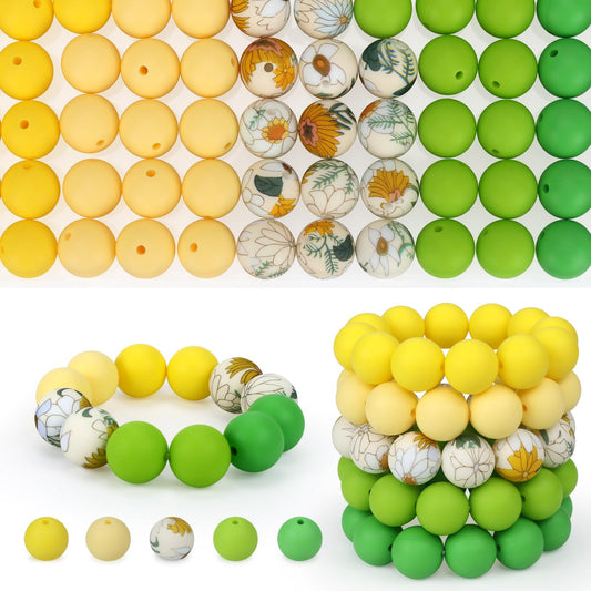 SALUOKE 100 Pcs 15mm Silicone Beads for Keychain Making, Pink Gream Silicone Beads Bulk Round for Bracelets Pens Crafts Jewelry Making (Green Yellow)