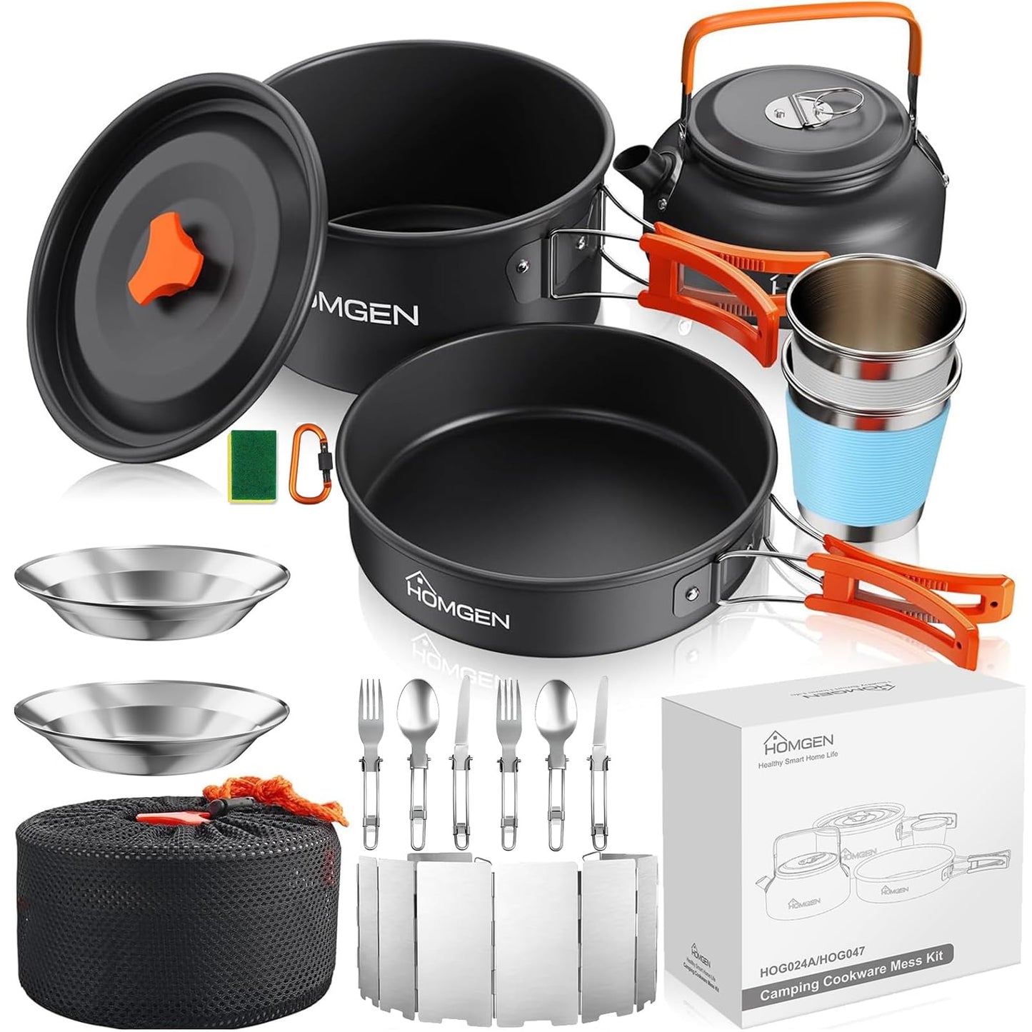 HOMGEN Portable Camping Cooking Set with Folding Windscreen-Lightweight Aluminum Camp Pots and Pan-800ml Teapot- 2 Cups & Plates- Complete Camping Mess Kit for Hiking Picnic Camping RV Trevel Trip