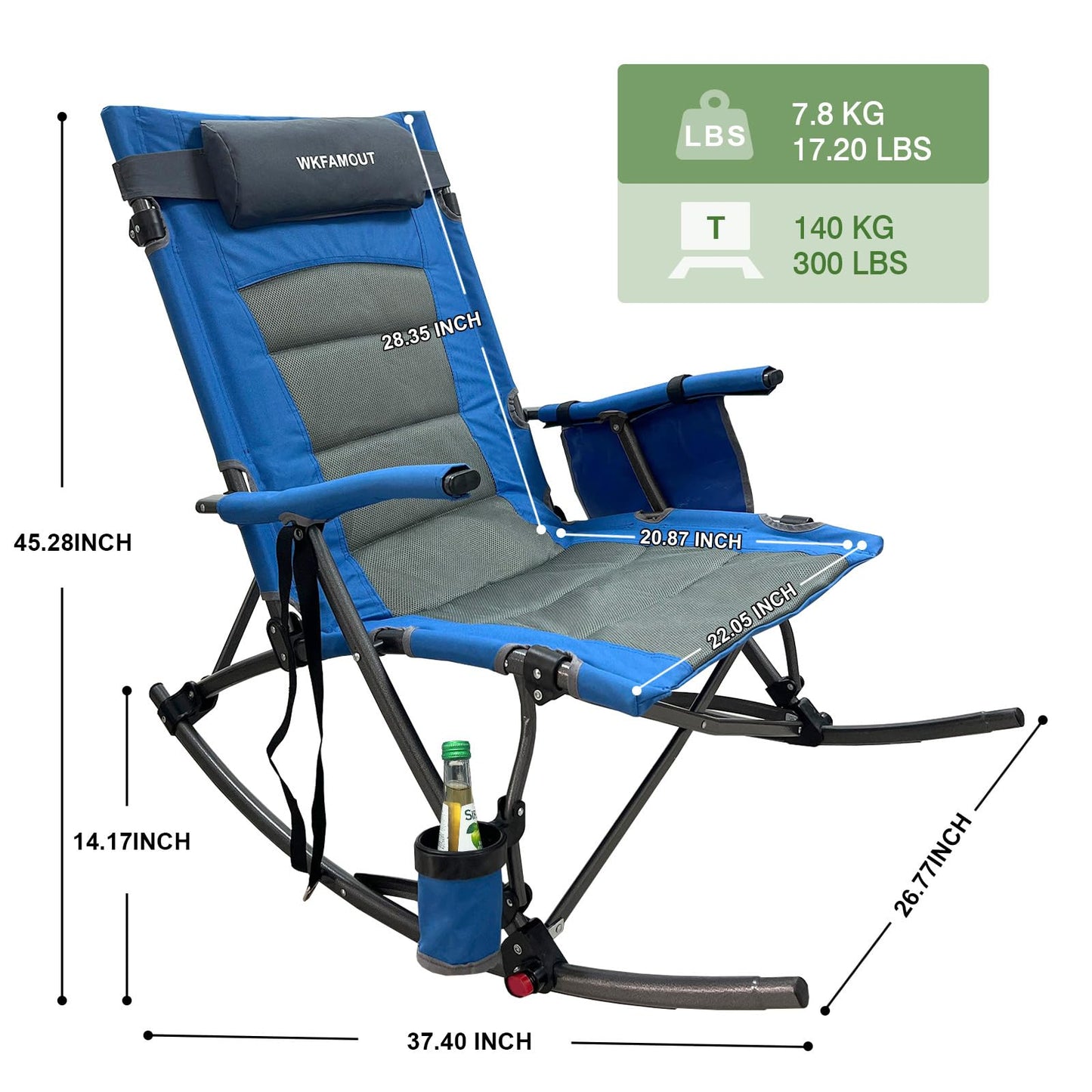 WKFAMOUT 13.8" High Seat Rocking Camping Chair Outdoor with Foot Rest & Headrest, Oversized Folding Rocker Chair with Carry Bag for Lawn Patio Supports 300 lbs