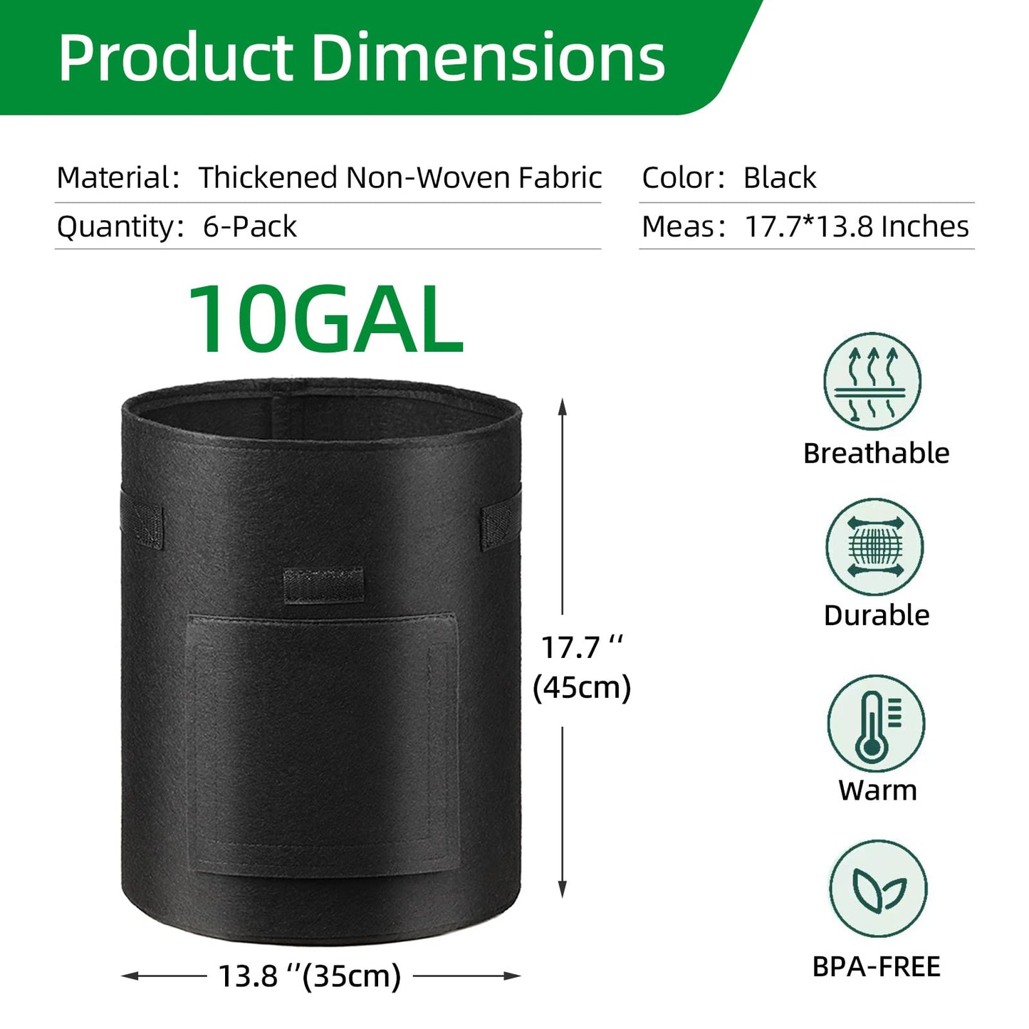 6 Pack Potato Grow Bags, 10 Gallon Planting Bags Large Fabric Pots with Flap Window Vegetable Planter Garden Pot Tall Potato Growing Containers with Handles for Vegetables, Fruits, Black + Grey