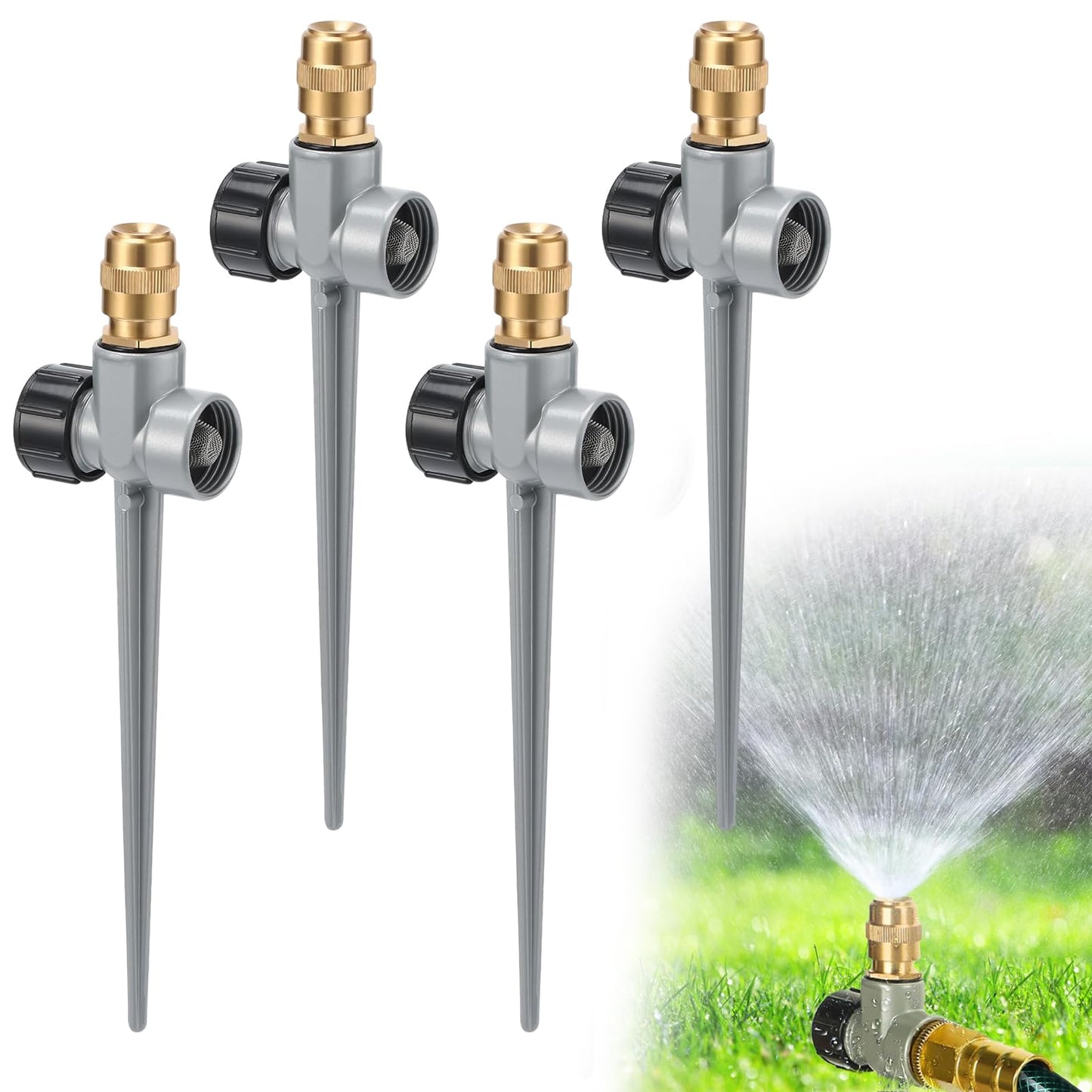 4 Pack Metal Lawn Sprinklers for Yard - 360° Coverage Water Sprinklers, Adjustable Brass Nozzle with Aluminum Alloy Spike Base for Medium Garden Irrigation